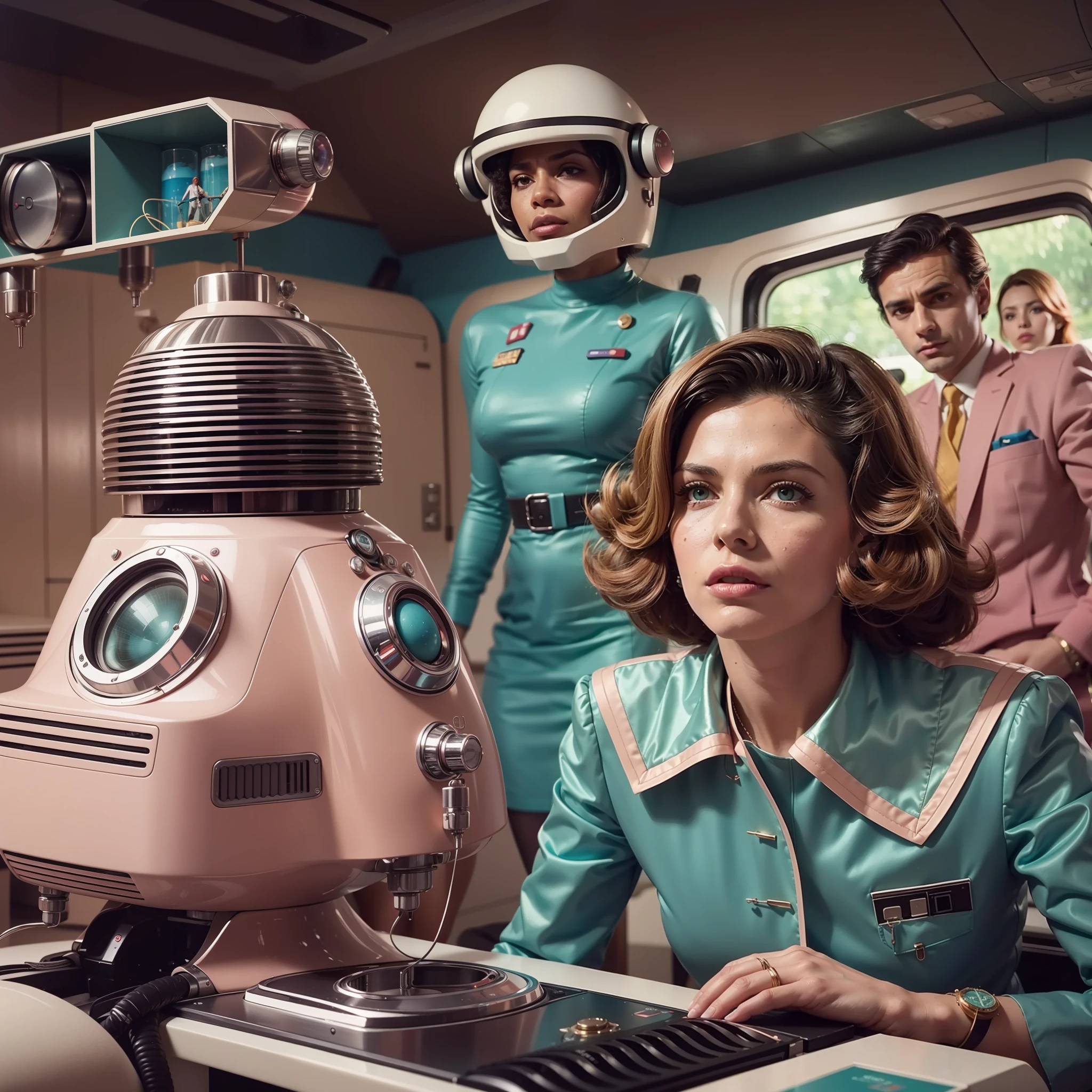 4k image from a 1970s science fiction film, imagem real, Estilo Wes Anderson, pastels colors, a man between two women wearing retro-futuristic fashion clothes and futuristic technological ornaments and devices, Luz Natural, cinemactic, Psicodelia, futurista estranho, retro-futurista,