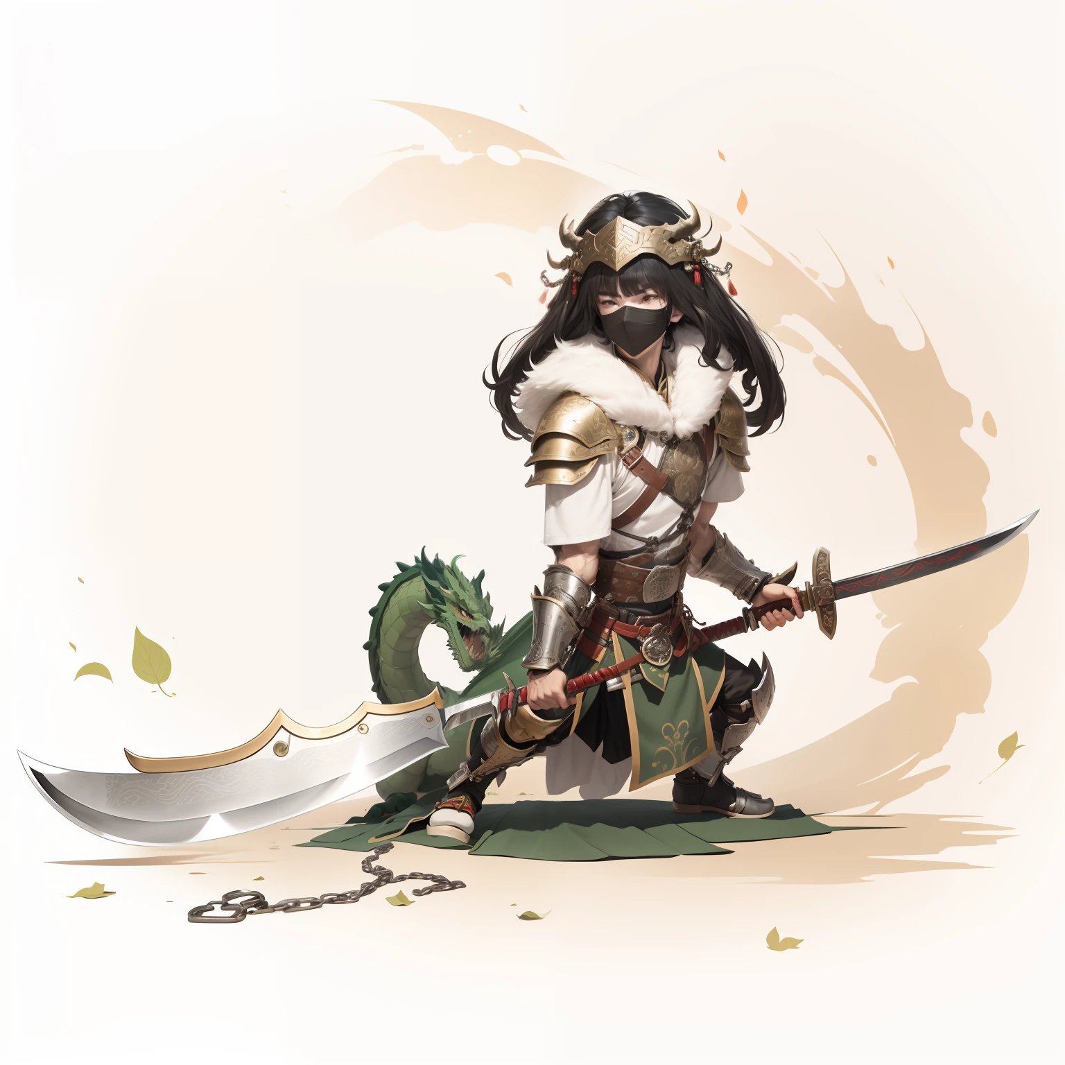 male people，Male characters，tchibi，Bad，Green Dragon Moon Knife，Big knife weapons，The handle has a delicate pattern，Shoulder blades，metal breastplate，chainmail，Animal pattern cuirass，chest plate，Bracers，Flowing hem，China-style，Chinese-style clothing，Chinese shoes，There are beautiful patterns on the weapon grips，Refinement，Fine painting，Refinement，infinite details，high definition detail，Delicate belt，Belt accessories，Male characters，Blindfolds，Black color hair，Patterned，Pattern，Blank background，Bright colors，Metal edging