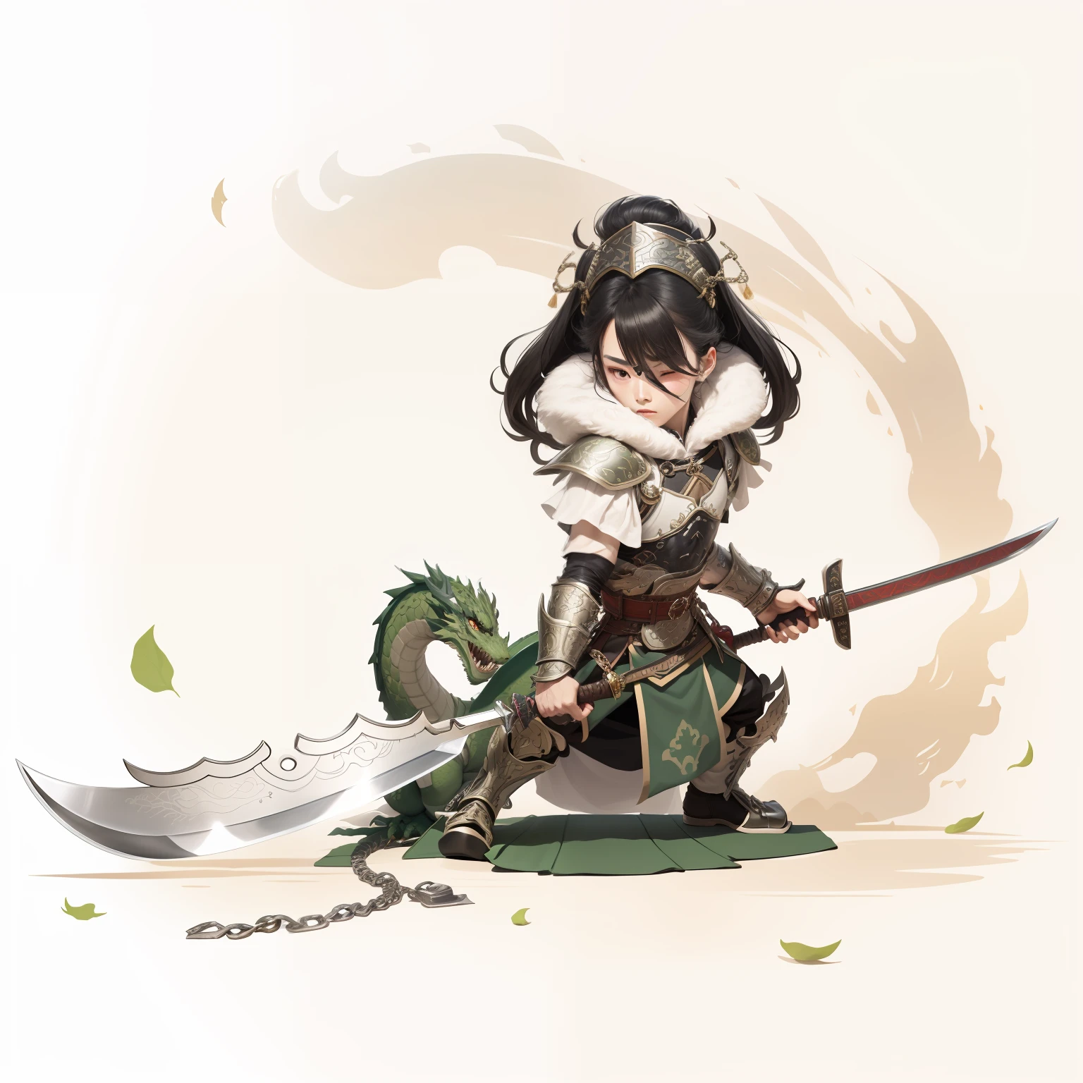 male people,Male characters,tchibi,Bad,Green Dragon Moon Knife,Big knife weapons,The handle has a delicate pattern,Shoulder blades,metal breastplate,chainmail,Animal pattern cuirass,chest plate,Bracers,Flowing hem,China-style,Chinese-style clothing,Chinese shoes,There are beautiful patterns on the weapon grips,Refinement,Fine painting,Refinement,infinite details,high definition detail,Delicate belt,Belt accessories,Male characters,Blindfolds,Black color hair,Patterned,Pattern,Blank background,Bright colors,Metal edging