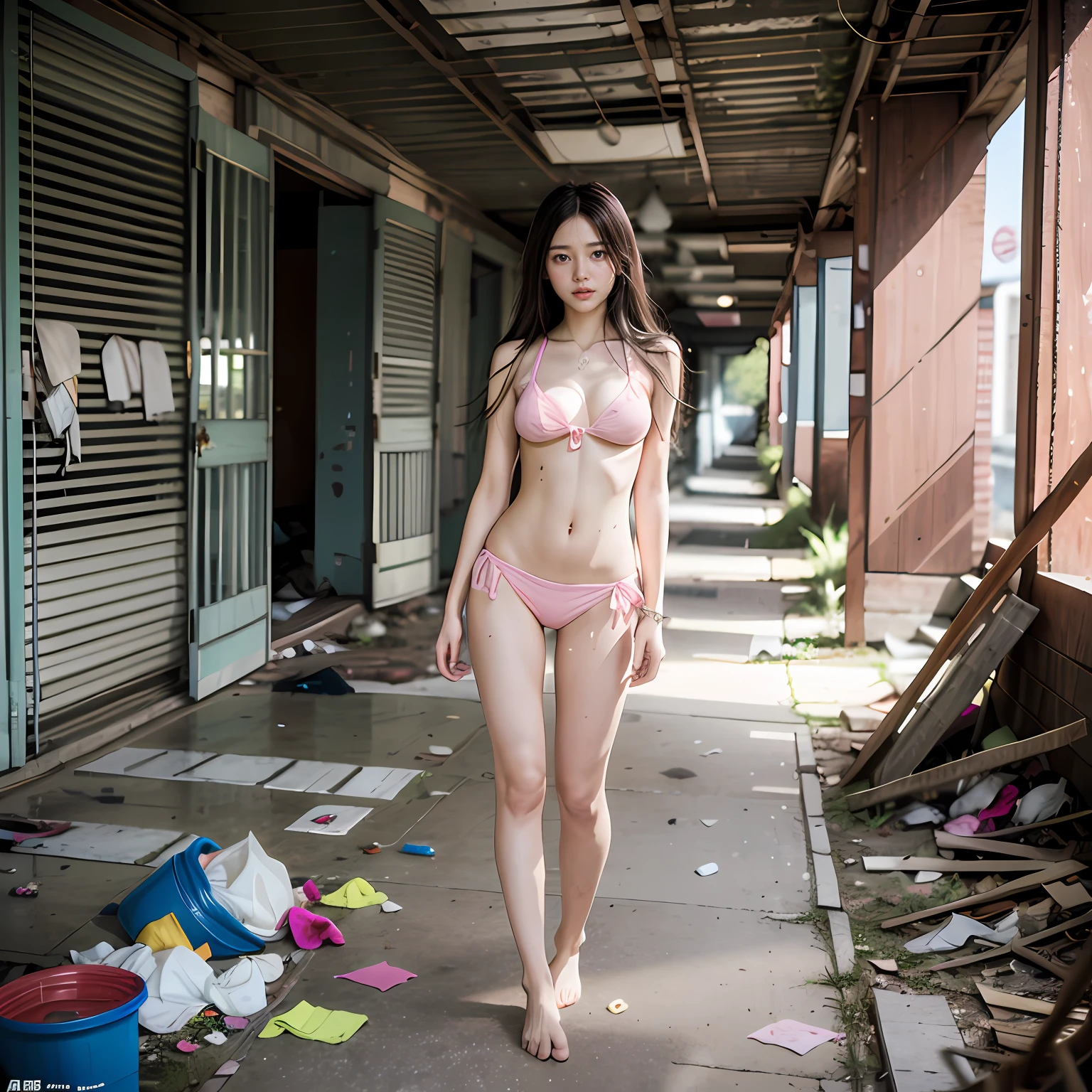 Abandoned schools,Pink transparent bikini,Very few clothes,Extreme exhibitionism,Sexy standing pose,Garbage all over the ground,grimy,Dilapidated,Devastated,best qualtiy,full-body portraits(1:1),18 years old girls,lean and slender body,Skinny,Smaller bust,Slender legs,The barefoot,junk,Leakage of the entire breast,Naked all over the body,face to the viewer,Nude 1.1