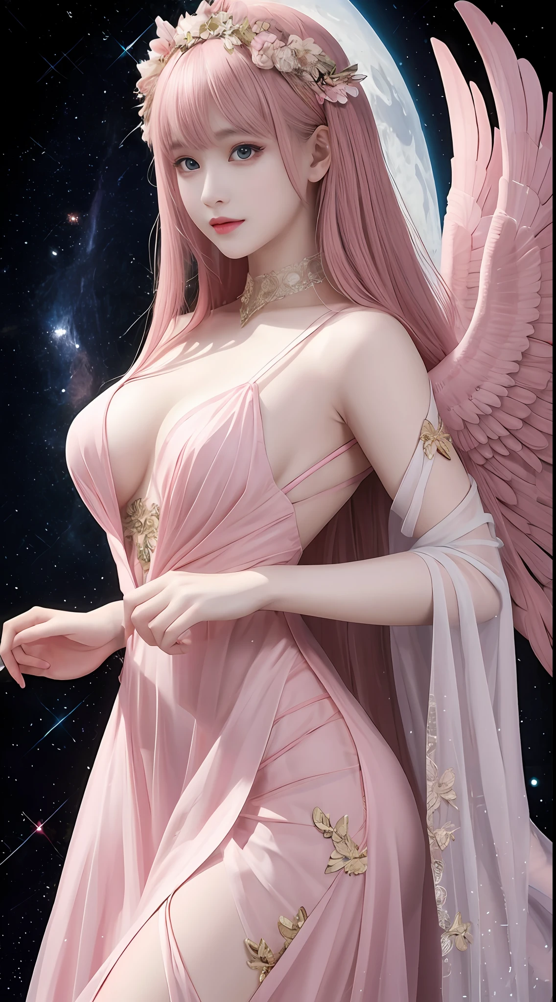 Ultra-realistic 8K, perfect face, perfect, clean, masterpiece, professional artwork, famous artwork, perfect face, beautiful face, beautiful eyes, pinkc suit, lace, open brests, beautiful pink clothes, pink wings, delicate pattern, side pose, Fascinating, galactic space background, big moon in the back, flapping wings