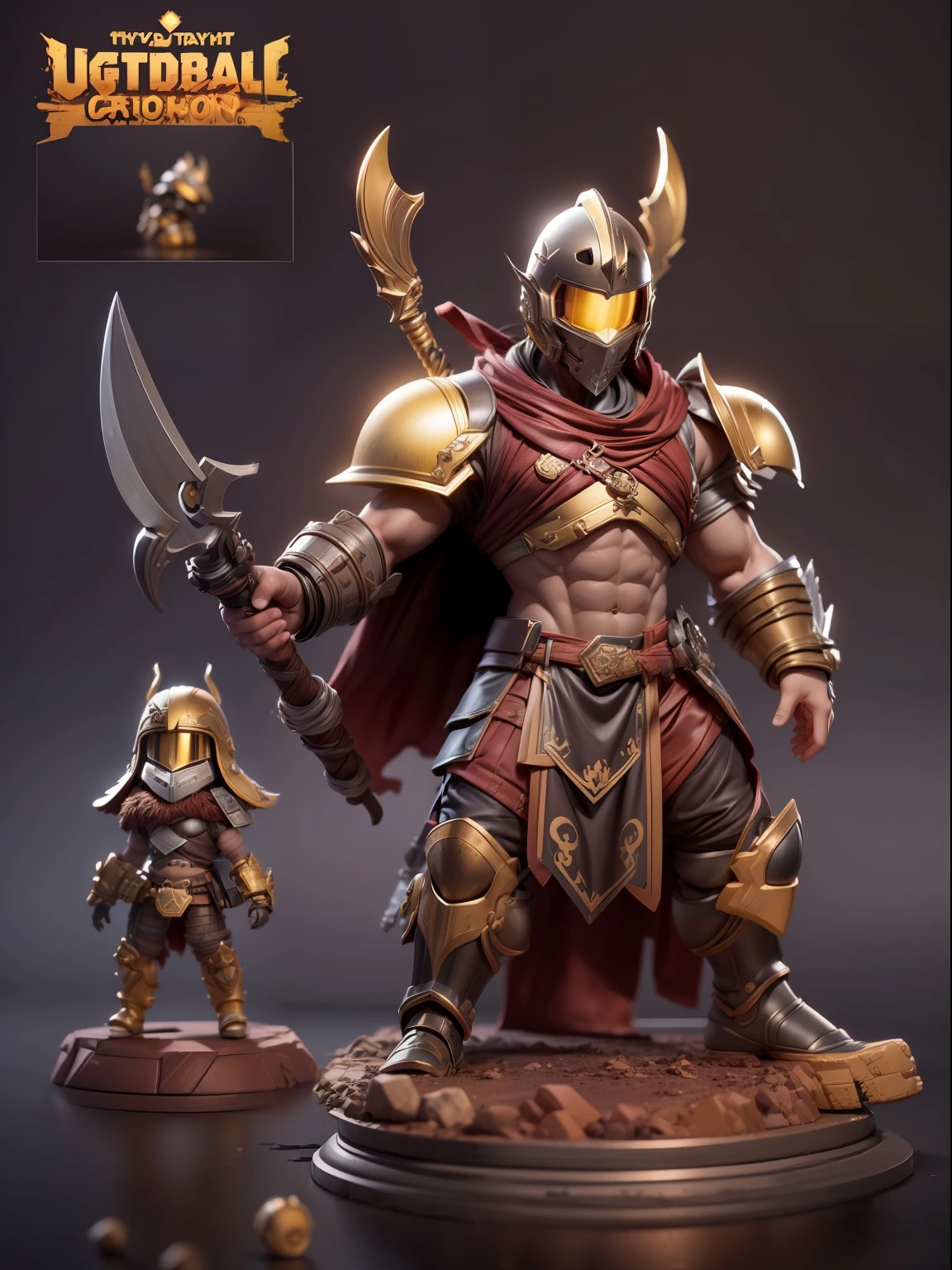 (Blind box toy style:1.2), (Full body shot) , 1 cute metal barbarian ,anatomy correct,Opaque helmet:1.2,Dirty armor:1.3, Solo,(circular base:1.2)Pop style,Brownish and yellow color scheme,dreamy glow, Clean, Brown undertone, Battle damage style:1.2, ( Clean background,Global illumination, Ray traching, hdr, unreal render,reasonable design, high detal, Masterpiece, Best quality, hyper HD, Cinematic lighting)