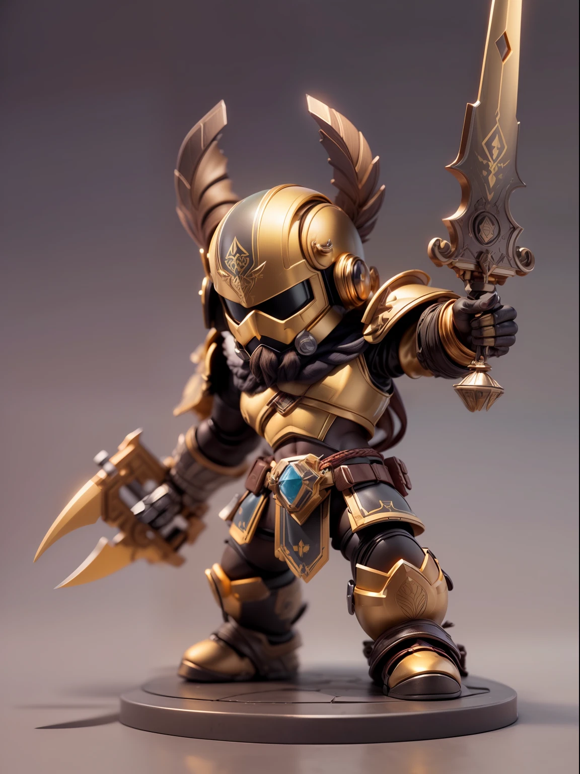 (Blind box toy style:1.2), (Full body shot) , 1 cute metal barbarian ,anatomy correct,Opaque helmet:1.2,Dirty armor:1.3, Solo,(circular base:1.2)Pop style,Brownish and yellow color scheme,dreamy glow, Clean, Brown undertone, Battle damage style:1.2, ( Clean background,Global illumination, Ray traching, hdr, unreal render,reasonable design, high detal, Masterpiece, Best quality, hyper HD, Cinematic lighting)