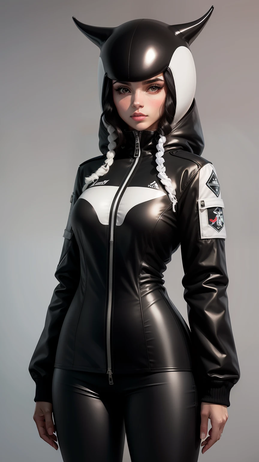 Jaqueta bombear, preto e branco, design de uma baleia orca, conceito baleia orca, com uma nadadeira igual a de uma orca na parte das costas da jaqueta, ultra realista, 8k
