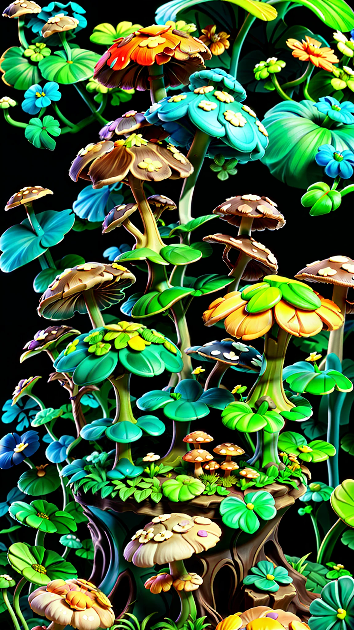 Mushroom forest,butterflys,lotuses,four-leaf clover,Cyber Mushroom Forest,Ultra-detailed digital fantasy art。Mushrooms are everywhere in the picture,The unique mushroom shape creates a magical casa scene