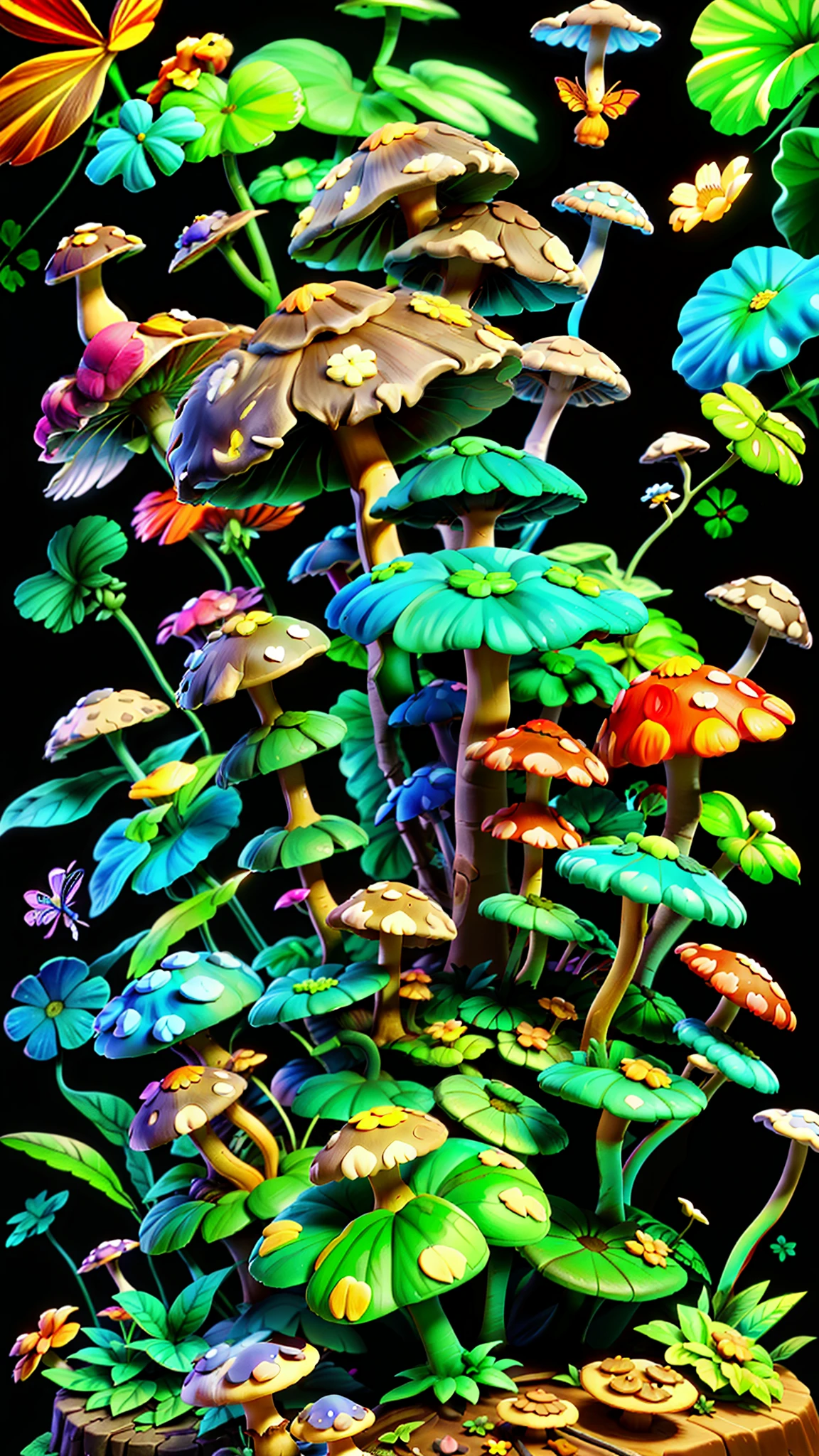 Mushroom forest,erflys,lotuses,four-leaf clover,Cyber Mushroom Forest,Ultra-detailed digital fantasy art。Mushrooms are everywhere in the picture,The unique mushroom shape creates a magical casa scene