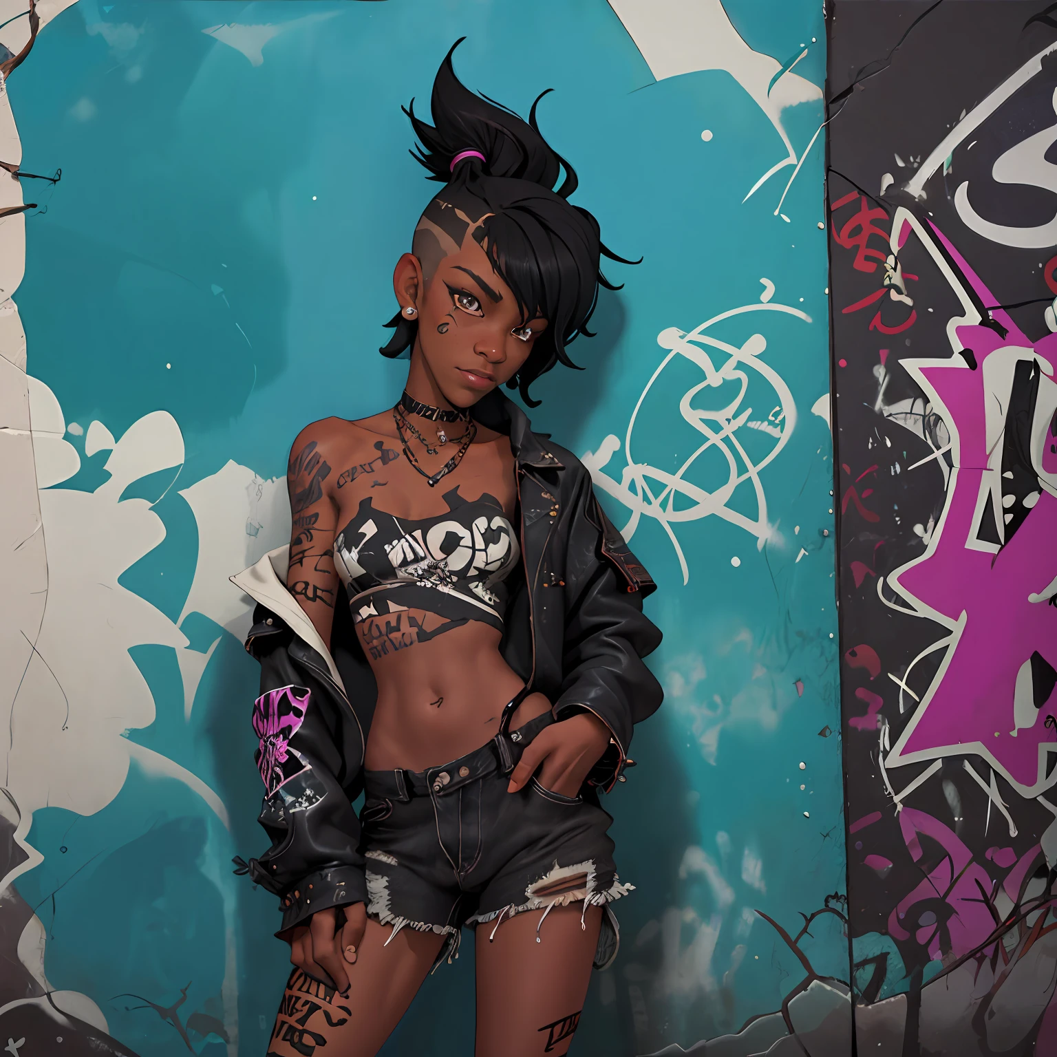 1girl, in bathroom, punk style, mullet-cut, ebony skin, awesome character, Graffiti background