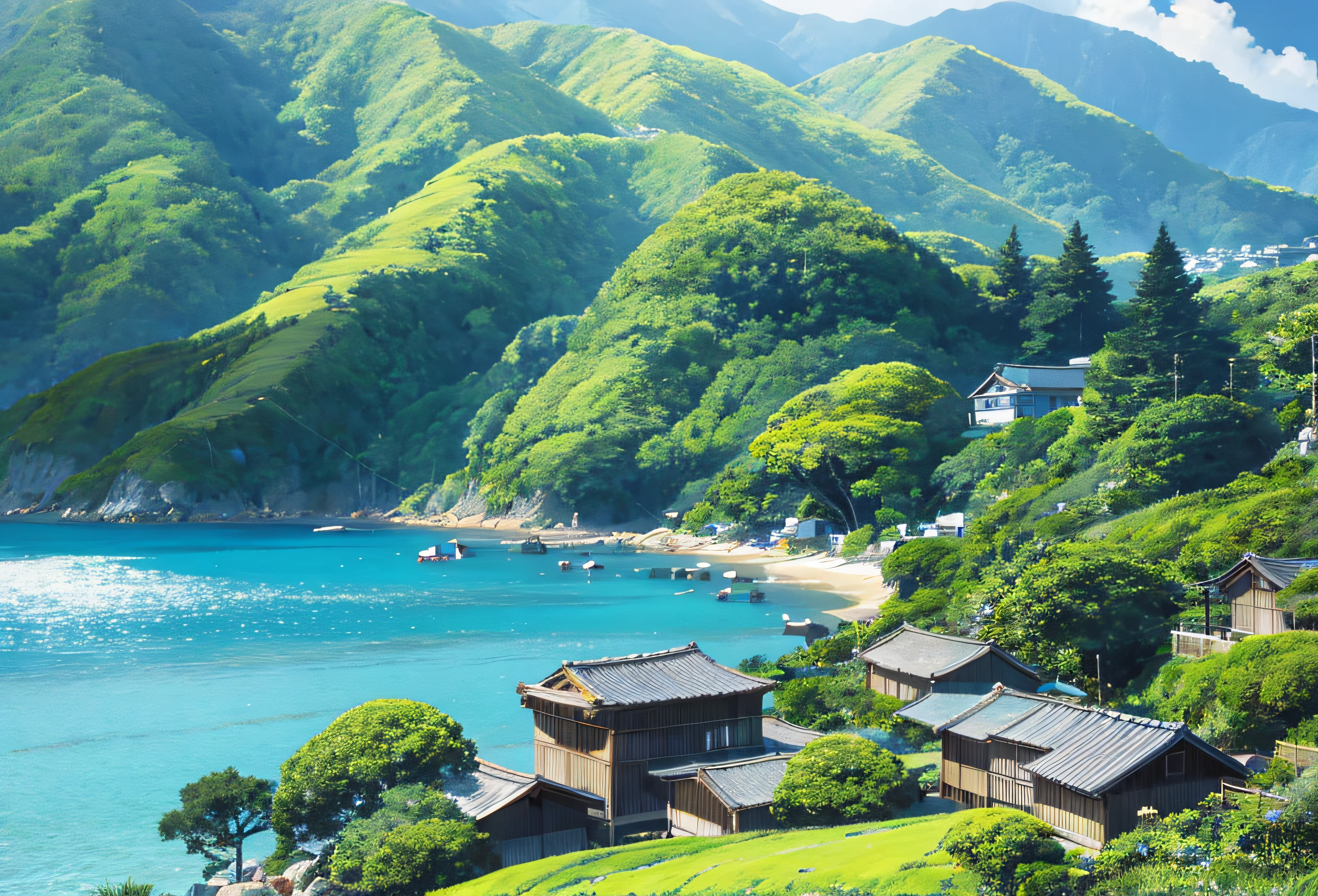 A serene coastal old Japanese village nestled between lush green hills and a sparkling blue ocean.