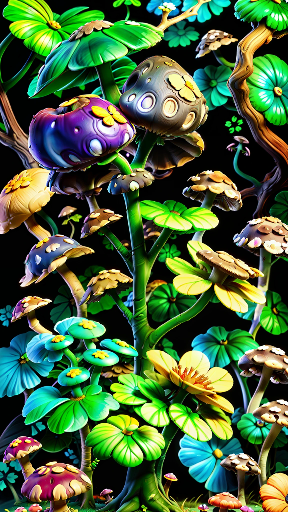 Mushroom forest，butterflys，lotuses，four-leaf clover，Cyber Mushroom Forest，Ultra-detailed digital fantasy art。Mushrooms are everywhere in the picture，The unique mushroom shape creates a magical casa scene