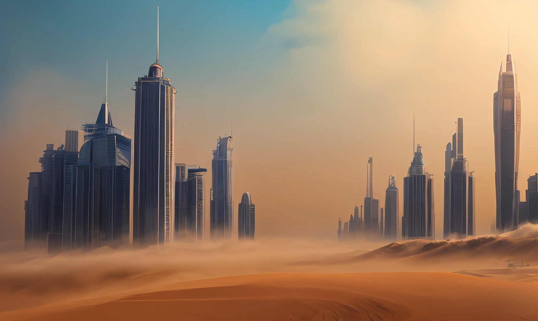 The picture ratio is 16:5。3D futuristic city。Faraway view。the sideview。In the sky on the left is a sandstorm。The sky on the right is blue。