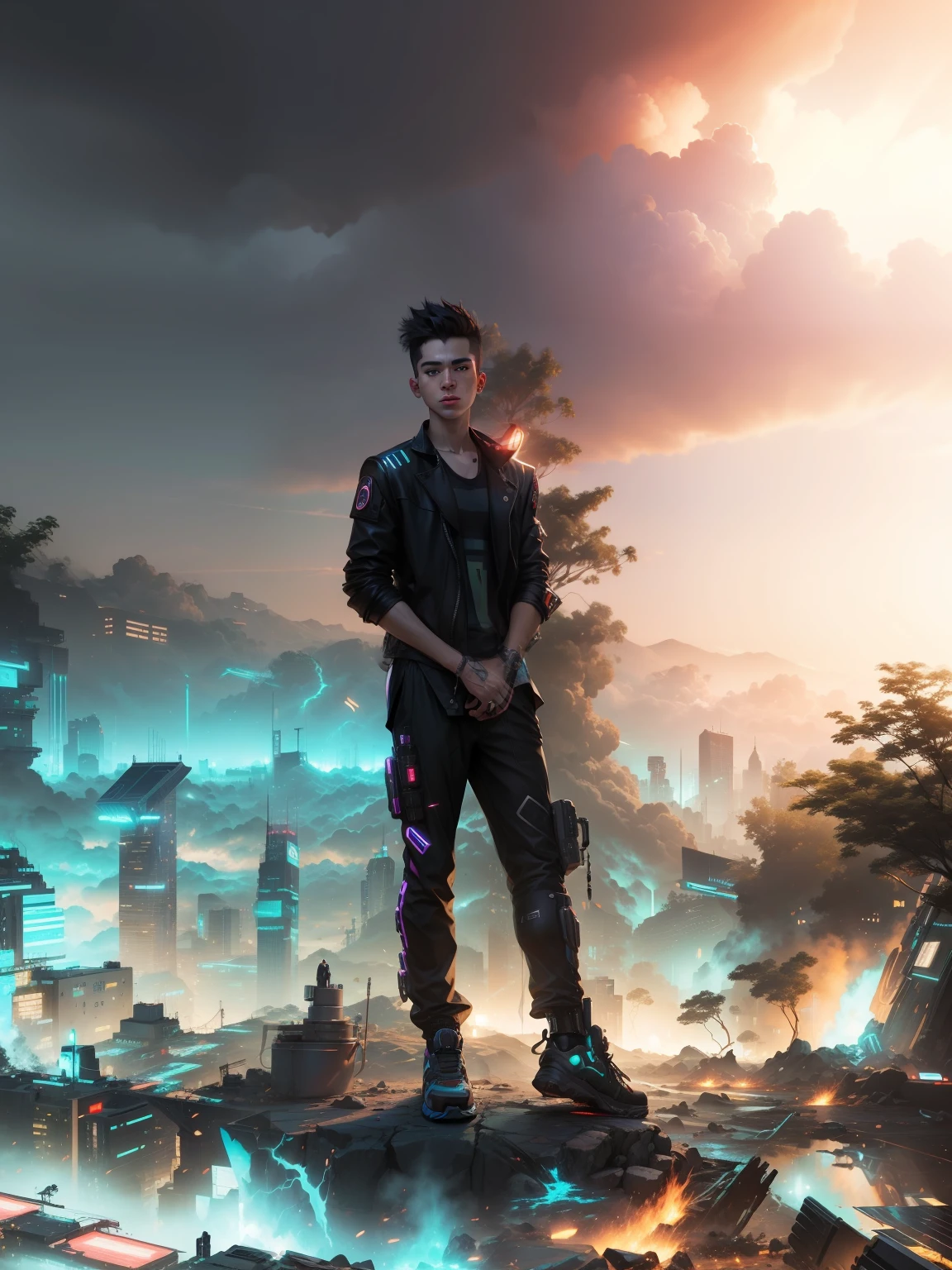 Change background cyberpunk boy, realistic face ultra realistic