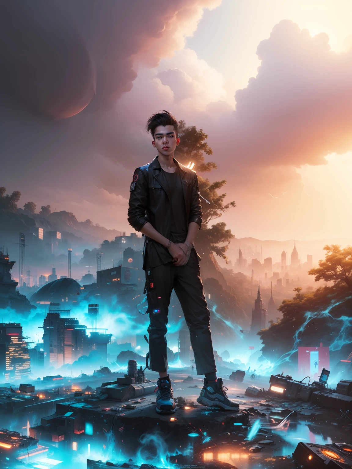 Change background cyberpunk boy, realistic face ultra realistic