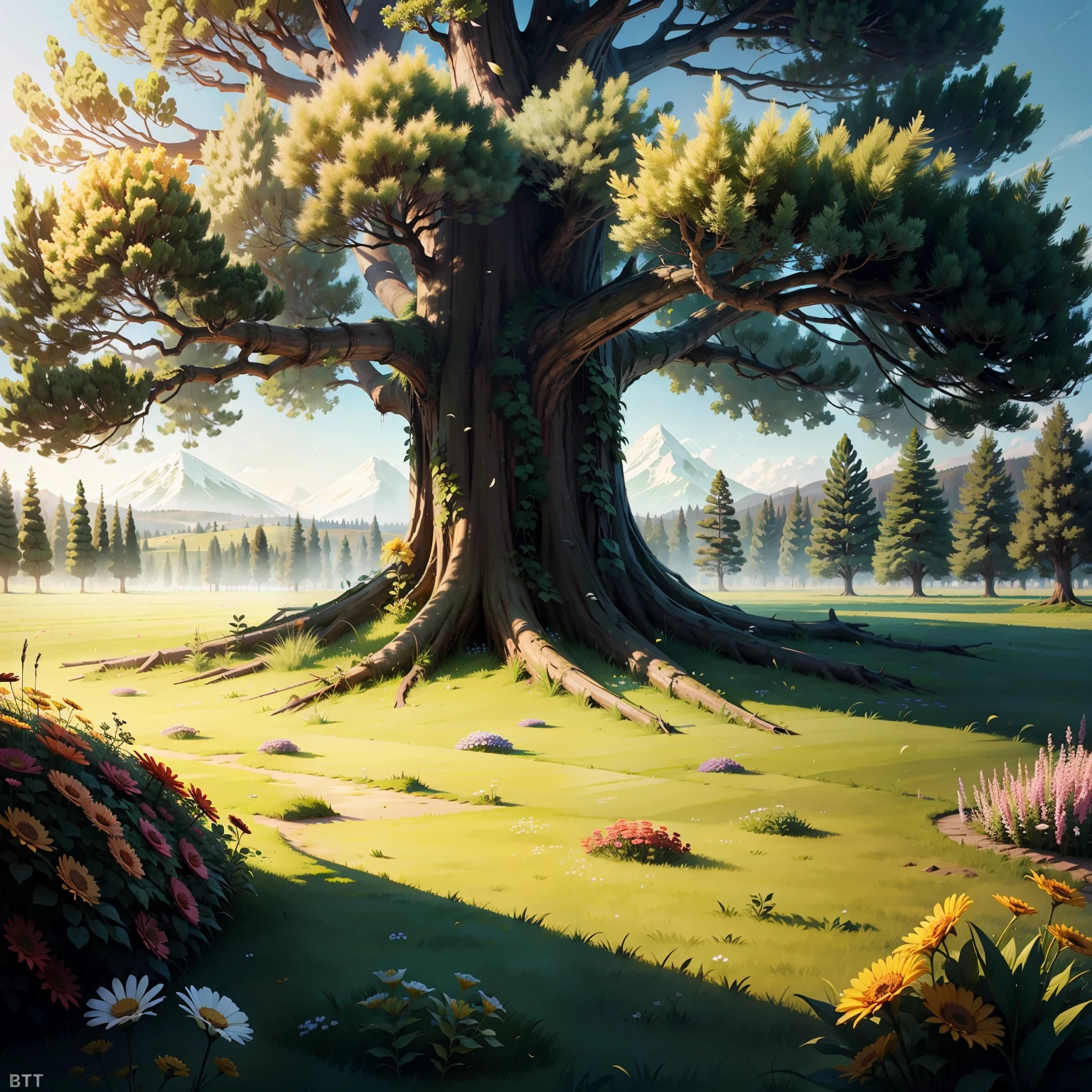 giant tree,grass field,Bits and pieces of flowers