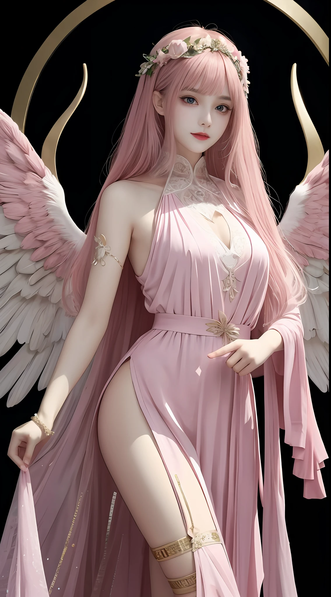 Ultra-realistic 8K, perfect face, perfect, clean, masterpiece, professional artwork, famous artwork, perfect face, beautiful face, beautiful eyes, pinkc suit, lace, open brests, beautiful pink clothes, pink wings, delicate pattern, side pose, Fascinating, galactic space background, big moon in the back, flapping wings