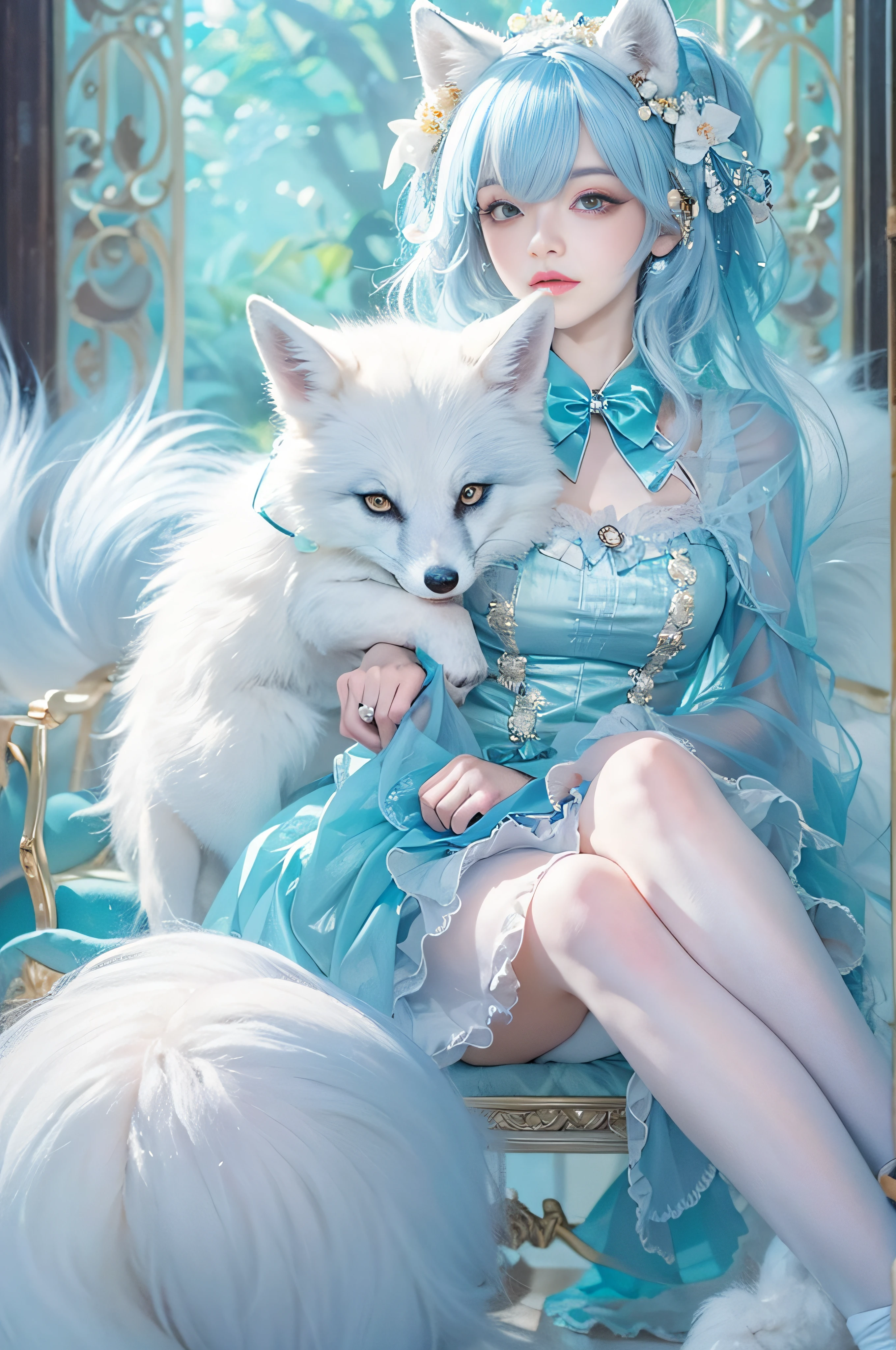 The appearance is very attractive, Wear a pair of light blue pantyhose，Wear it with a blue and white Lolita dress，He wears a pair of white fox ears on his head，There is also a white fox tail behind him，Fair and delicate skin，The makeup on the face is elegant，The eyes are a pair of clear and bright blues，Her hair is light blue，waist-high，The whole person exudes a fresh and lovely atmosphere，16 yaers old，Extremely realistic