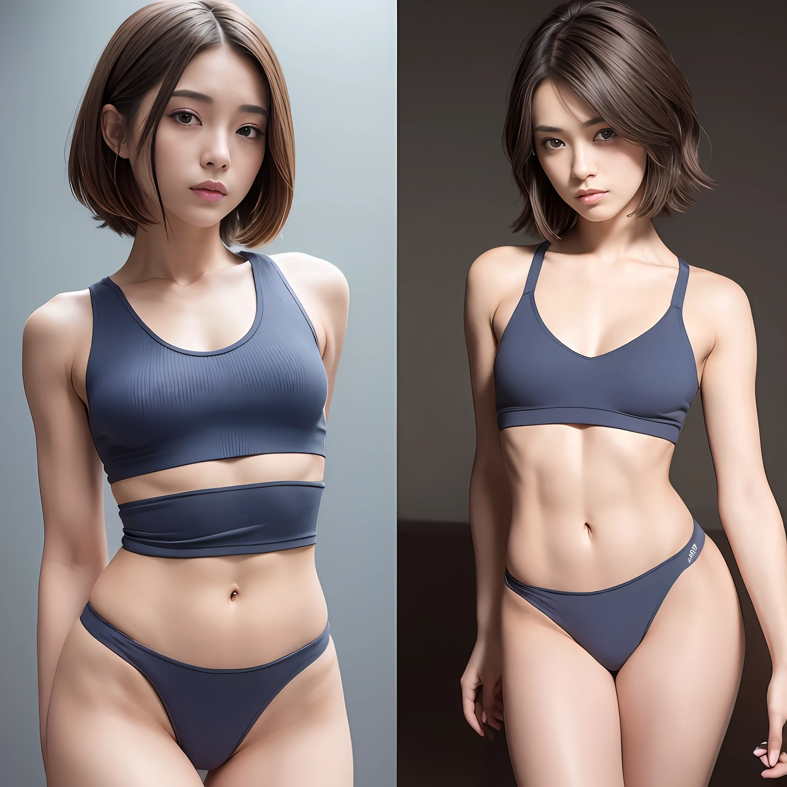 (Solo), (a detailed full-body RAW photo of a girl), (masutepiece:1.0), (Best Quality:1.4), (超A high resolution:1.2), (Photorealistic:1.4), 8K resolution, Canon EOS R5, 50 millimeters, absurderes, ultra-detailliert, (30 year old), Nipple Focus, Cinematic lighting, Detailed beautiful face, (no-makeup:1.2), (ulzzang -6500-v1.1), petite figure, Detailed skin texture, (flat chest:1.4), (skinny and fit body:1.6), Detailed brown hair, sweltering,(Very short hair:1.5), See Through wear, (Blue and gray thin athletic wear:1.5), More transparent, low rise, realistic glistening skin, Detailed texture, (No bra:1.5), stylish pose, (:0.2), Very small, Cameltoe, well-developed abs,