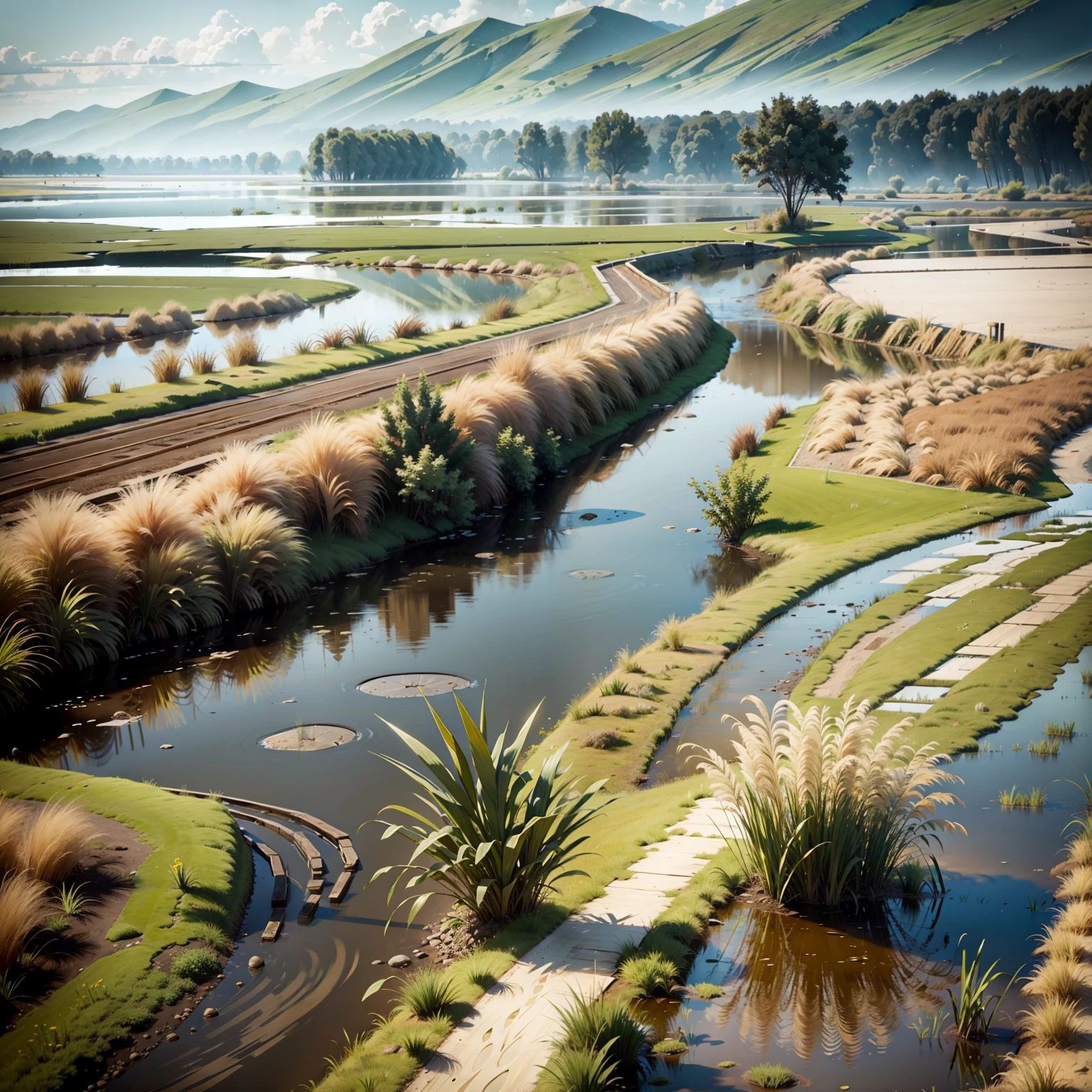 marshes,small stream,Dirt pits,reed bush