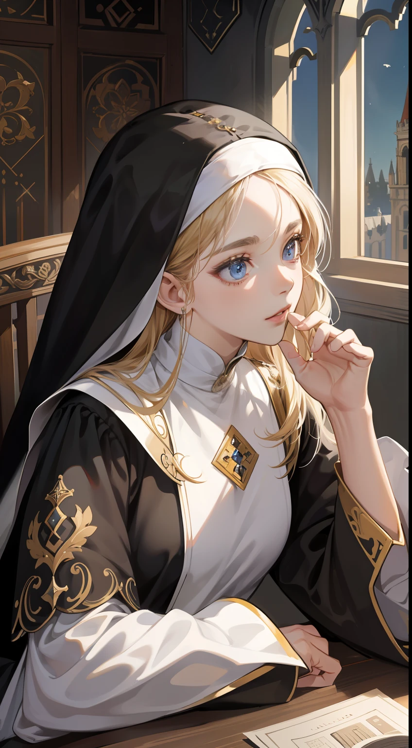 (absurderes,A high resolution,ultra - detailed),1girll,a matural female,whaite hair,long whitr hair,bluntbangs,eBlue eyes,Black nun turban,Black nun dress with gold trim,longer sleeves,Delicate eyes and delicate face,Blow your head in a prayer position,A melancholy look,intricately details,Break the art of mosaics,essentials,Colored inlay、Intricate patterns、Tile design、Durable surface、Time-honored technology BREAK macro photography、Extreme close-up、Complicated details、enlarged textures、Amazing clarity、Hidden beauty、Immersive perspective breakthrough 、Create by hand、Handmade products、Unique design、Complicated details、Creative expression、exquisite craft,Bright Cathedral of God,waxy candles