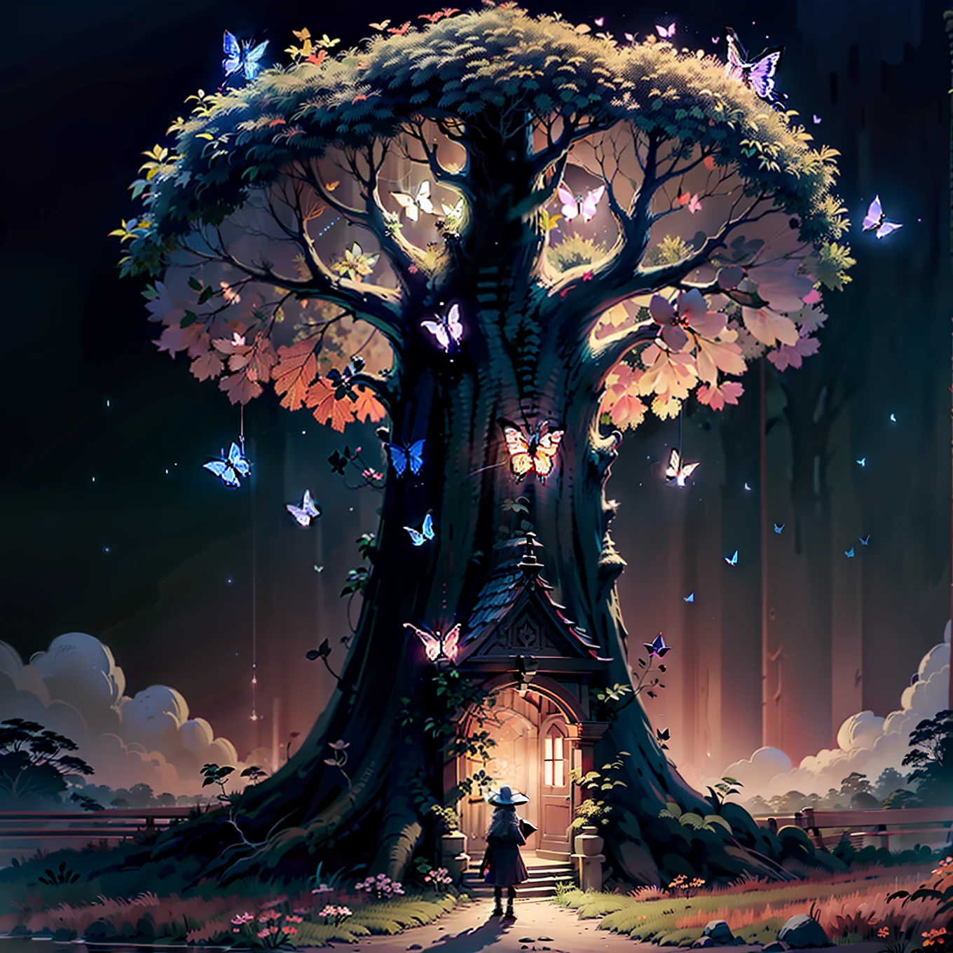 It's dark，Only butterflies are flying，tiny glowing butterflies，There is a giant glowing tree in the darkness，There is a small glowing door in the tree，The door has a butterfly wing pattern，The trees are full of red butterflies