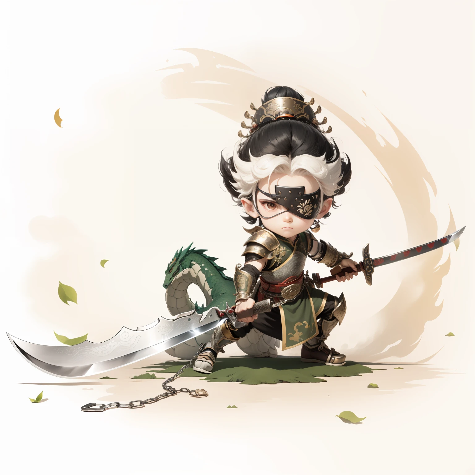 male people，Male characters，tchibi，Bad，Green Dragon Moon Knife，Big knife weapons，The handle has a delicate pattern，Shoulder blades，metal breastplate，chainmail，Animal pattern cuirass，chest plate，Bracers，Flowing hem，China-style，Chinese-style clothing，Chinese shoes，There are beautiful patterns on the weapon grips，Refinement，Fine painting，Refinement，infinite details，high definition detail，Delicate belt，Belt accessories，Male characters，Blindfolds，Black color hair，Patterned，Pattern，Blank background，Bright colors，Metal edging