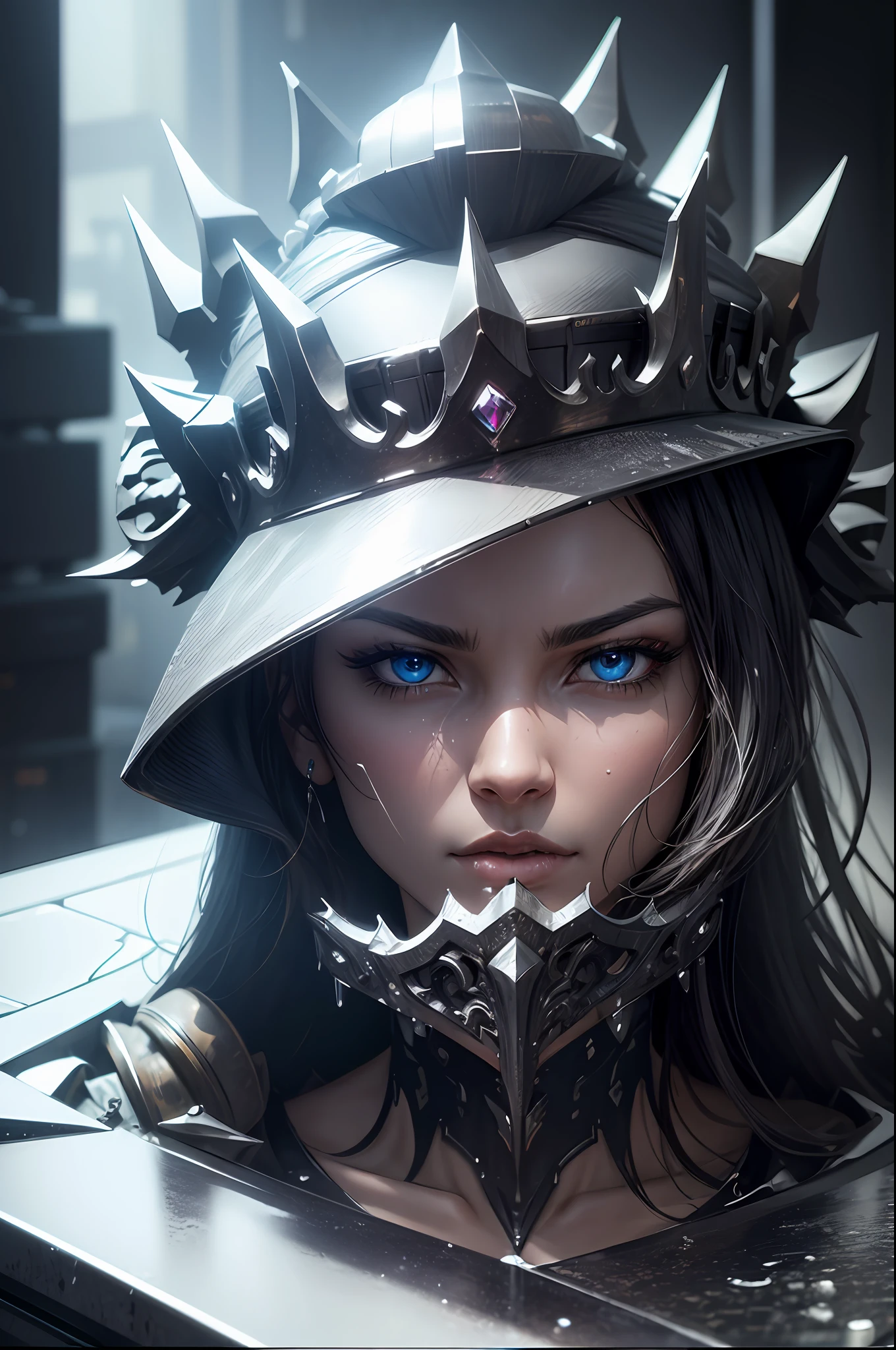cyberpunk style, realistic close-up photo of a crown, ice cubes and water splash, random movie scene, epic design, chaos aesthetics, concept pfoto art, carbon, stealth, ????, hardcore, death metal, ornate, luxurious, highly detailed, intricate details, digital 3d, hard surface, real-time, vfx, modern design, trending on artstation, cgi, splash screen, sharp focus, uhd, hdr, high dim --ar 3:2 --auto