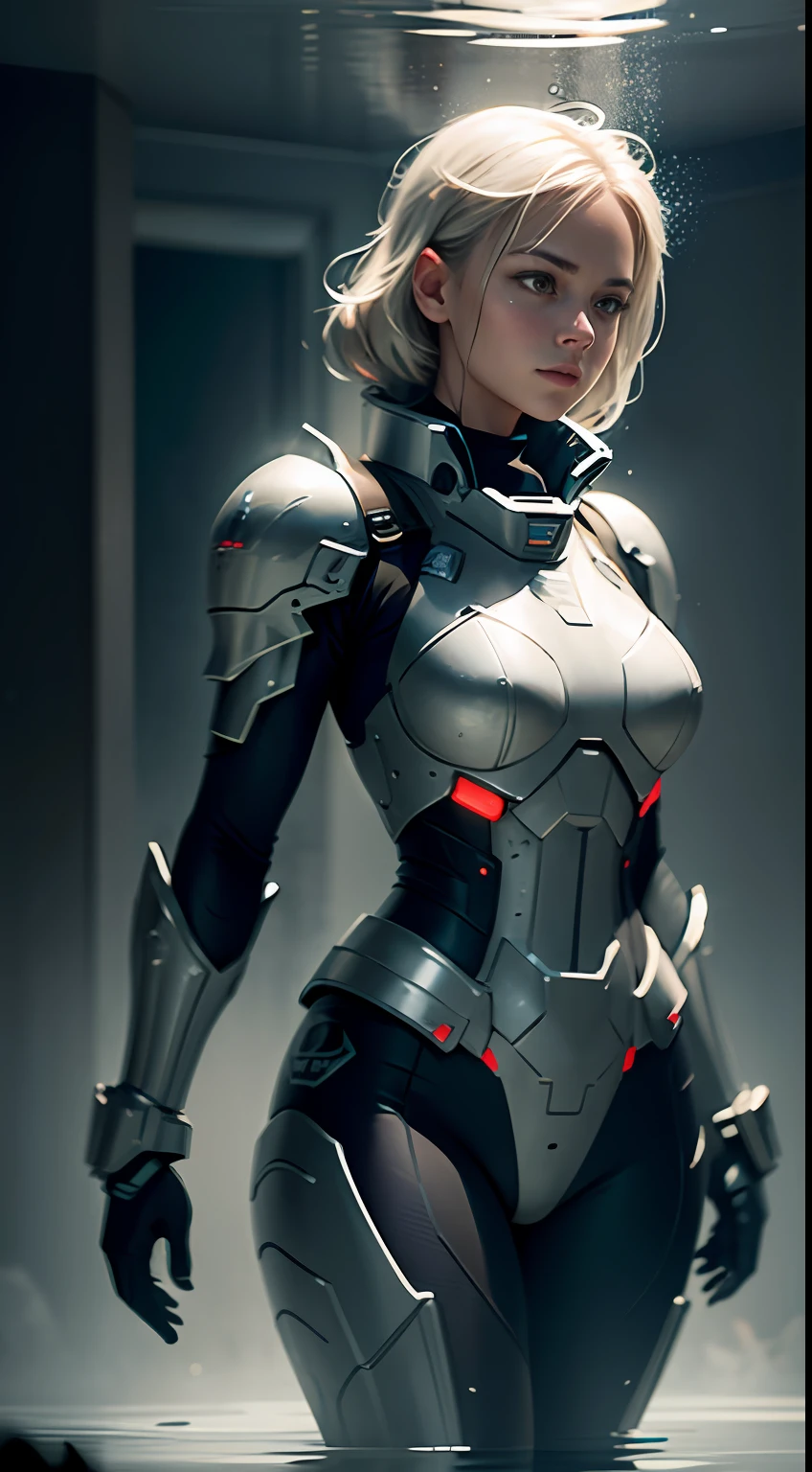 an armored valkyrie floating in the water with reflection on water, dark background, photorealistic, --v 4, Ultra-realistic, cinematography, hyper-detailed, absolute realism, cinematic scene cinematic lighting, hyper-resolution, Perfectionism,ultra-detailed, hyper maximalist, Epic, Photorealism, Very high detail, shot with a professional camera, cinematic lighting, soft lighting, intricate details, depth of field, photography, cinematic shot, --auto