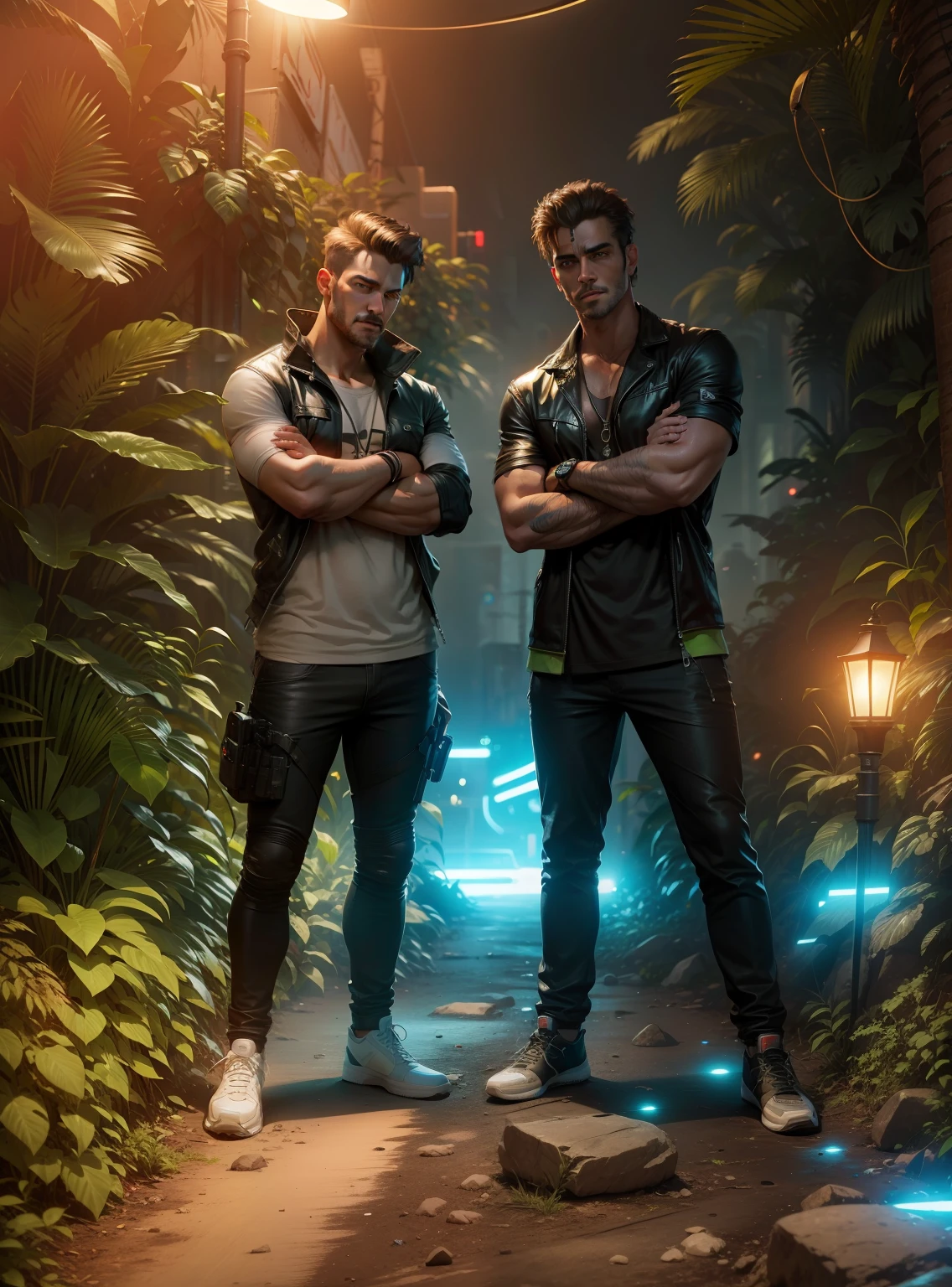 Change background, handsome, realistic face, cinematic jungle, neon lighting, ultra realistic,UHD, high details
