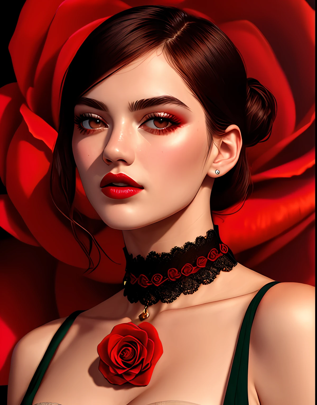 4K, Masterpiece, highres, absurdres,photorealistic, edg_choker, a woman wearing a black dress and a red rose choker , edg_choker around the neck,cowboy shot,