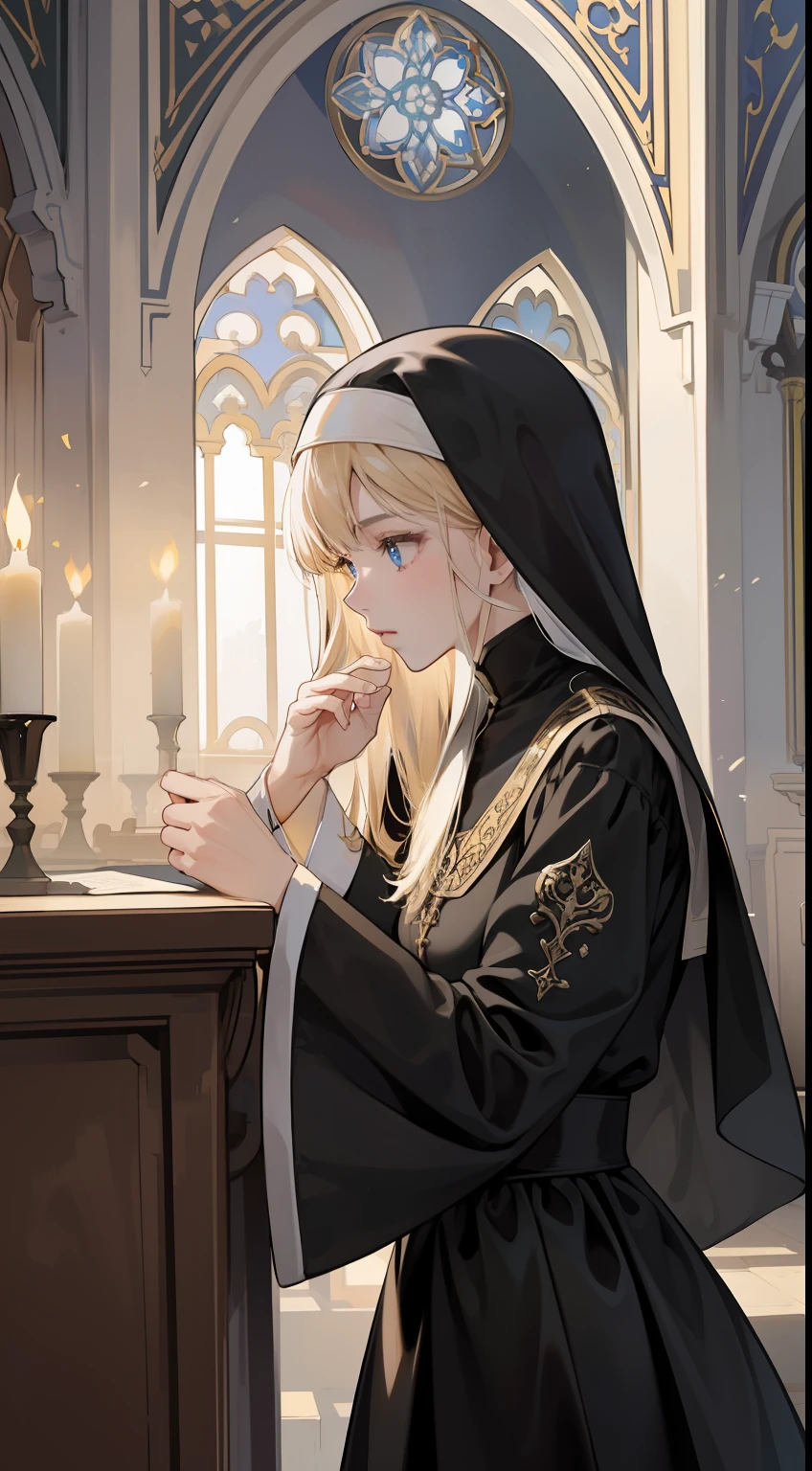 (absurderes,A high resolution,ultra - detailed),1girll,a matural female,whaite hair,long whitr hair,bluntbangs,eBlue eyes,Black nun turban,Black nun dress with gold trim,longer sleeves,Delicate eyes and delicate face,Blow your head in a prayer position,A melancholy look,Reasonable human anatomy,intricately details,Break the art of mosaics,essentials,Colored inlay、Intricate patterns、Tile design、Durable surface、Time-honored technology BREAK macro photography、Extreme close-up、Complicated details、enlarged textures、Amazing clarity、Hidden beauty、Immersive perspective breakthrough 、Create by hand、Handmade products、Unique design、Complicated details、Creative expression、exquisite craft,Bright Cathedral of God,waxy candles