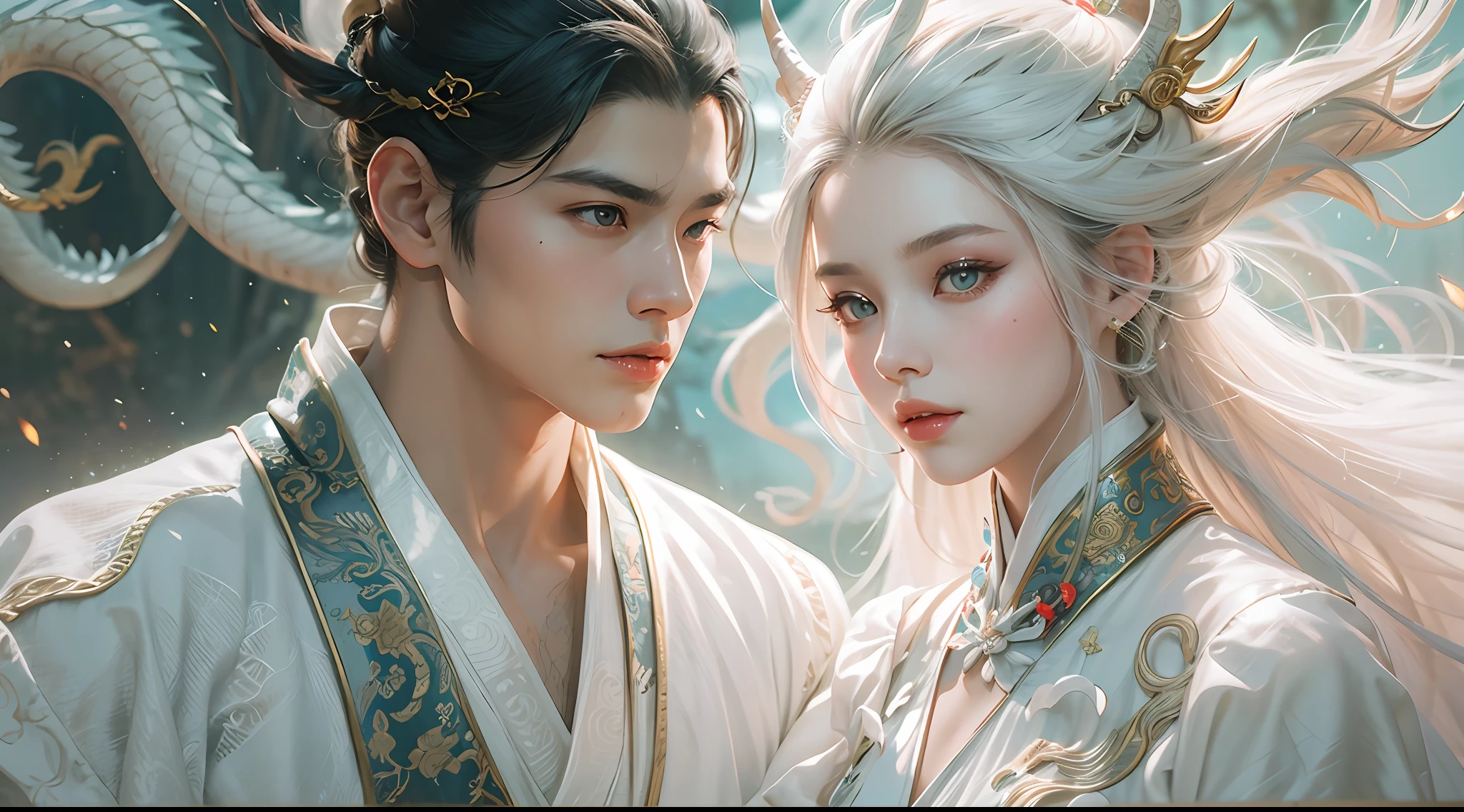 Close-up of a young couple wearing a white dragon dress on their heads，Chinese fantasy，beautiful digital artworks，Ross Tran 8 K，xianxia fantasy，Fenghua Bell，Chinese style，Dragon-inspired cloth robe，Ross Tran和Wlop，