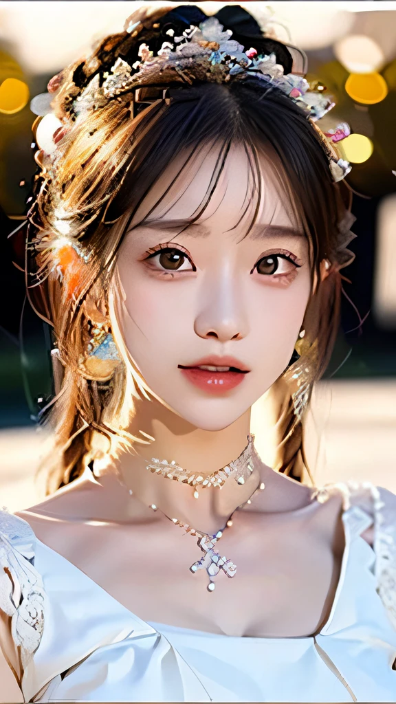 best qualtiy,tmasterpiece,A high resolution,1girl,Porcelain skirt,hair adornments,choker necklace,jewely,beautiful face,Physically,dingdall effect,realisticlying,(highdetailskin:1.2),8k uhd, dslr, softlighting, high high quality, volumettic light, sneak shot, photore, A high resolution, 4k, 8k, Background bokeh,