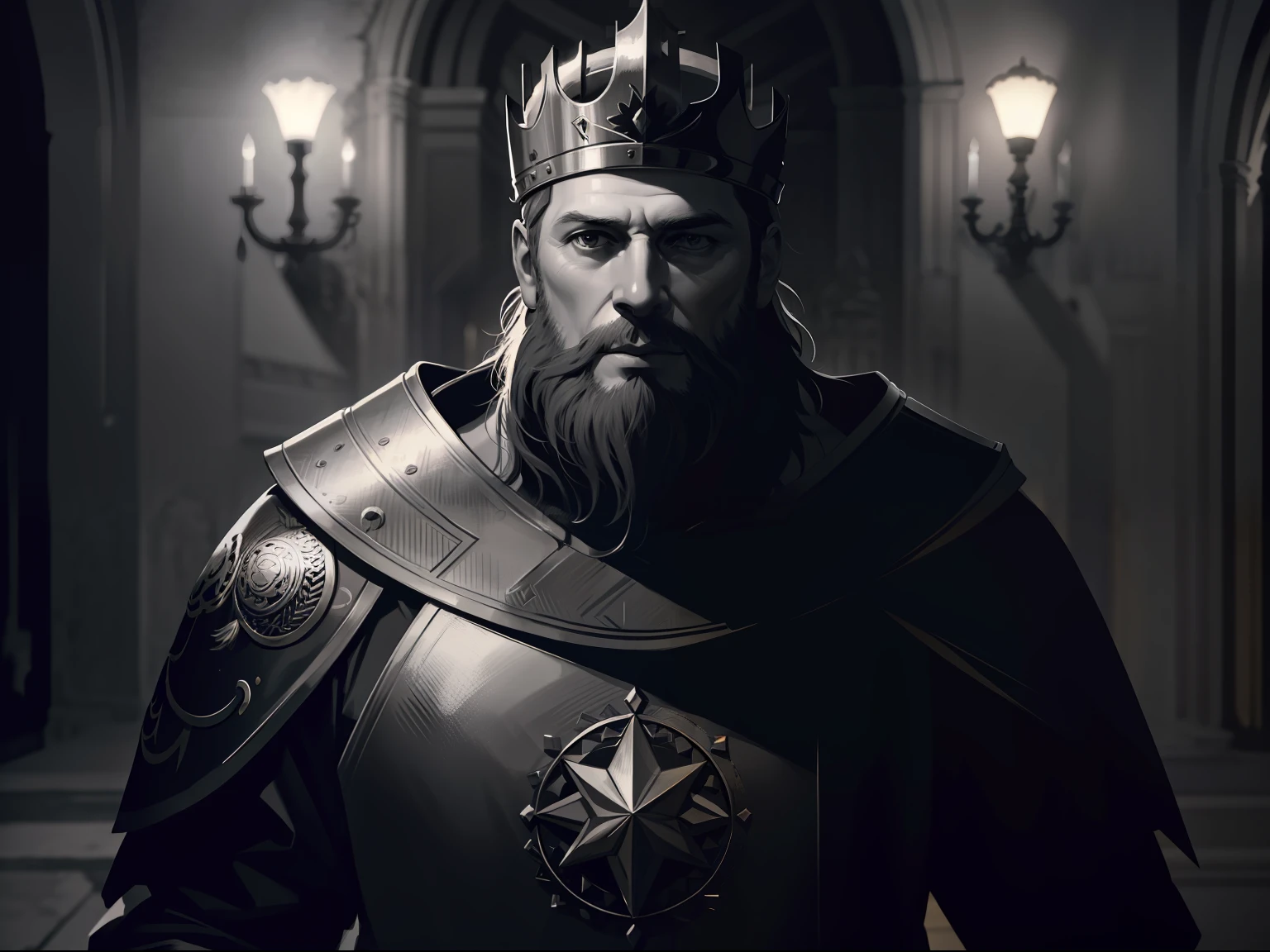 best quality, 500px, cgsociety, 8k, raw photo of (beautiful:1.2) human king, wear king crown, king armor, 40yo, beard, in castle, full body, ambient light, backlight, volumetric lighting, realistic, realistic lighting, cinematic lighting, depth of field, sharp focus, (high contrast:1.2), (film grain)