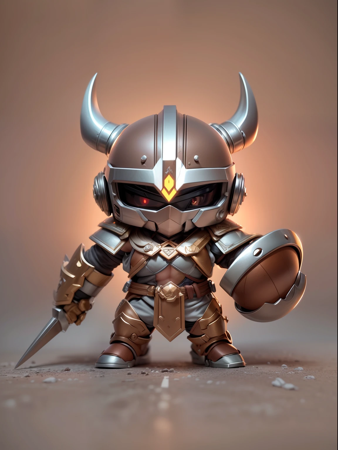 (Blind box toy style:1.2), (Full body shot) , 1 cute metal barbarian ,anatomy correct,Opaque helmet:1.2,dirty armor:1.3, Solo,(circular base:1.2),Brown and silver color scheme,dreamy glow, Clean, Brown undertone, Battle damage style:1.2, ( Clean background,Global illumination, Ray traching, hdr, unreal render,reasonable design, high detal, Masterpiece, Best quality, hyper HD, Cinematic lighting)