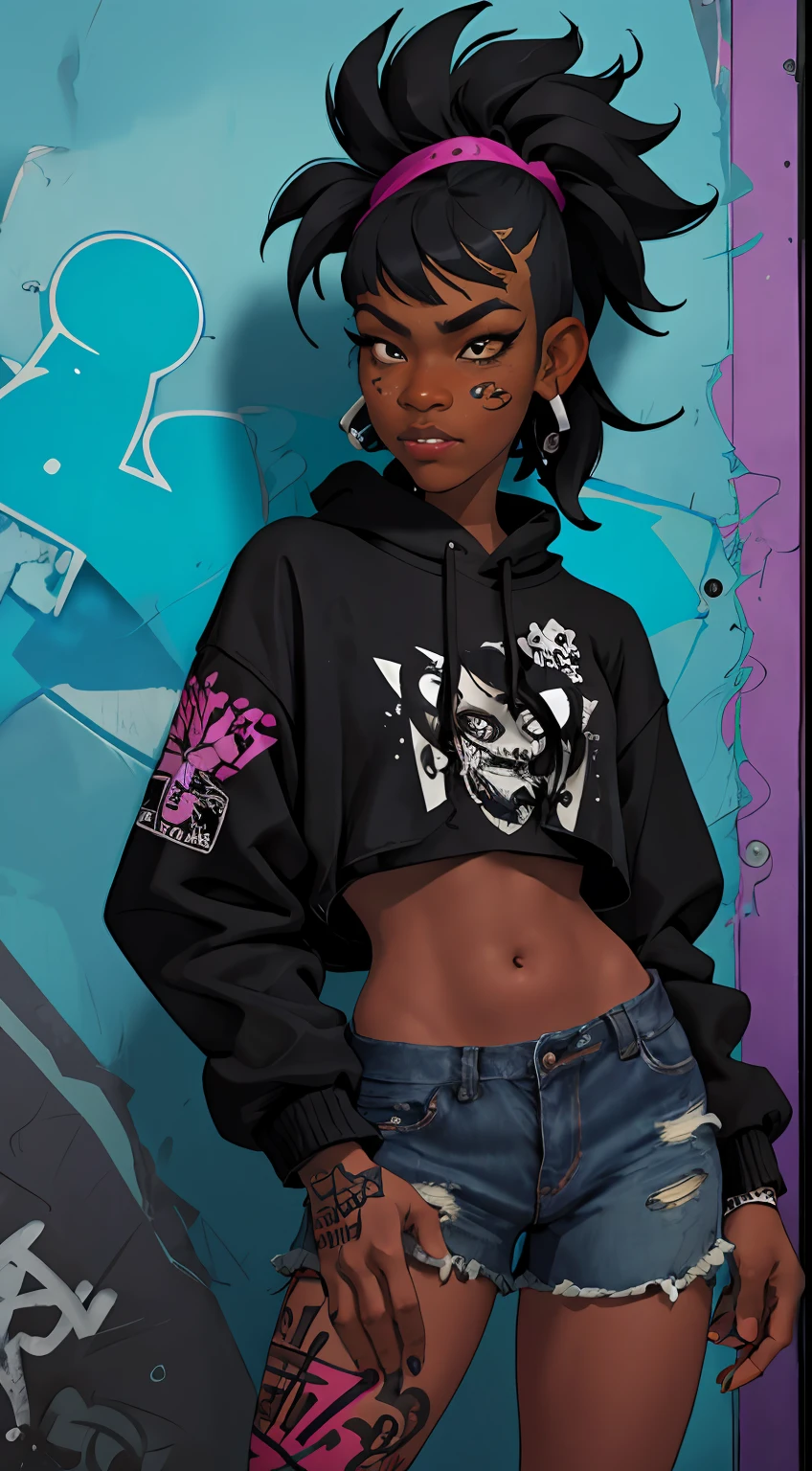 1girl, in bathroom, punk style, mullet-cut, ebony skin, awesome character, Graffiti background