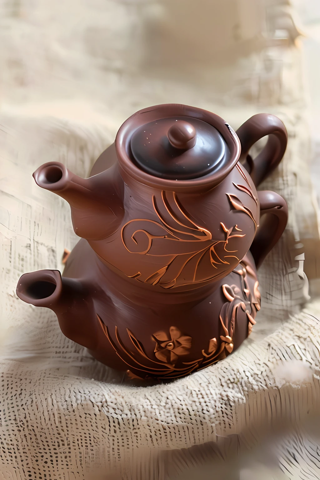 There is a small brown teapot on a piece of cloth, teapot, teapot : 1, handmade pottery, teapot, alchemical still made from clay, pot, Ukrainian, ceramic pot, Old, Clay, clay art, pottery, made out of clay, Old 17th century, Rustic, made out of clay, Decorated with Russian motifs
