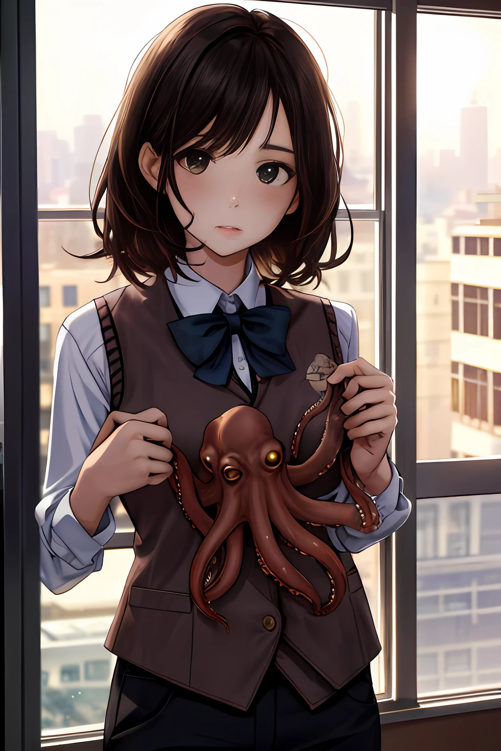 octopus, 1girl, matured female, face focus, vest, bow, best quality, hires, detailed face, office, buildings from window, detailed background, diffused sunlight, depth of field, bokeh