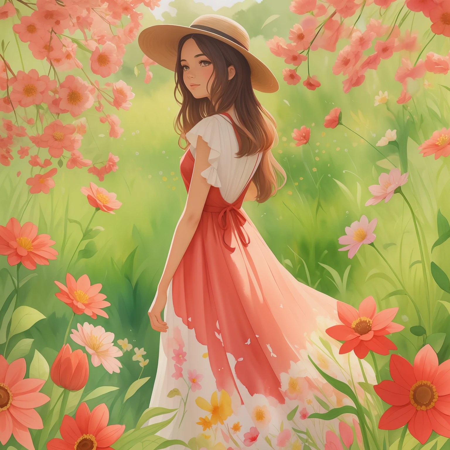 pintura de uma mulher em um vestido vermelho caminhando por um campo de flores, watercolor beautiful illustration