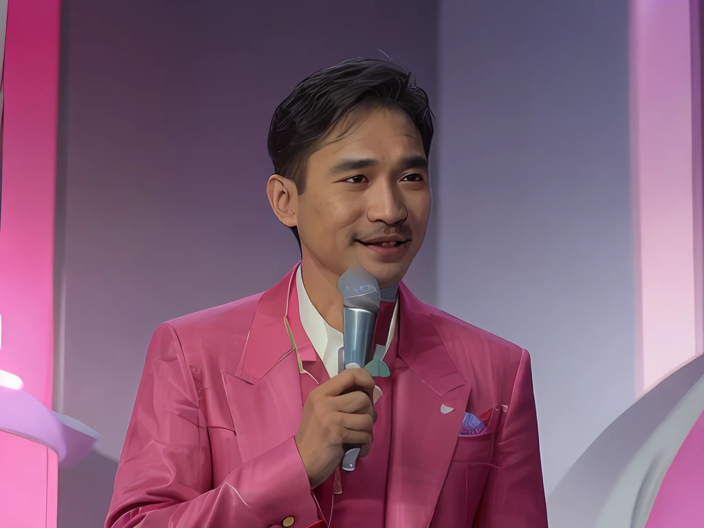 There was a man holding a microphone in his hand, Tony Leung，Pink suit，Barbie style