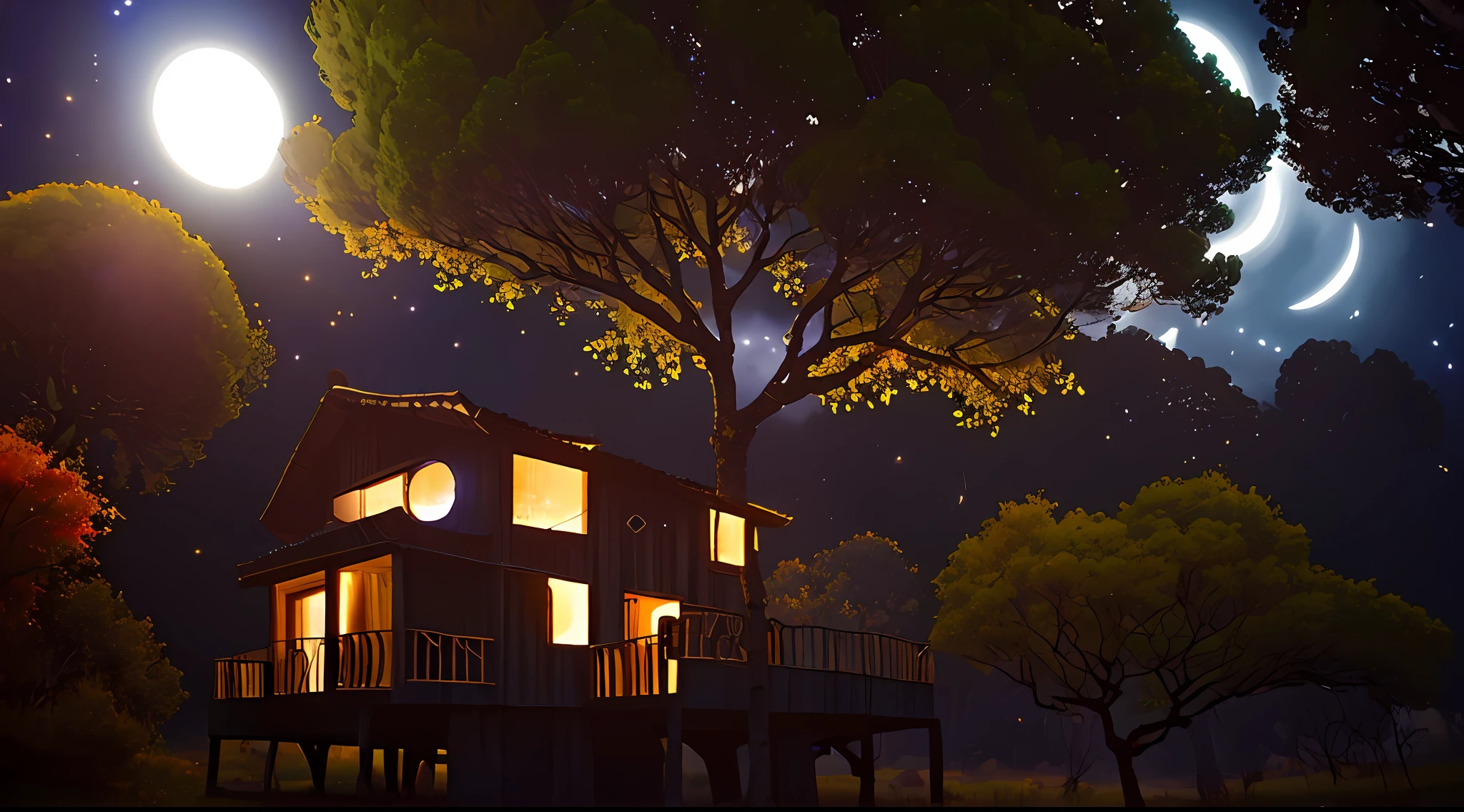 (((Paisaje de campo))), (((cielo nocturno))), trees, Kali, cabin, autumn,