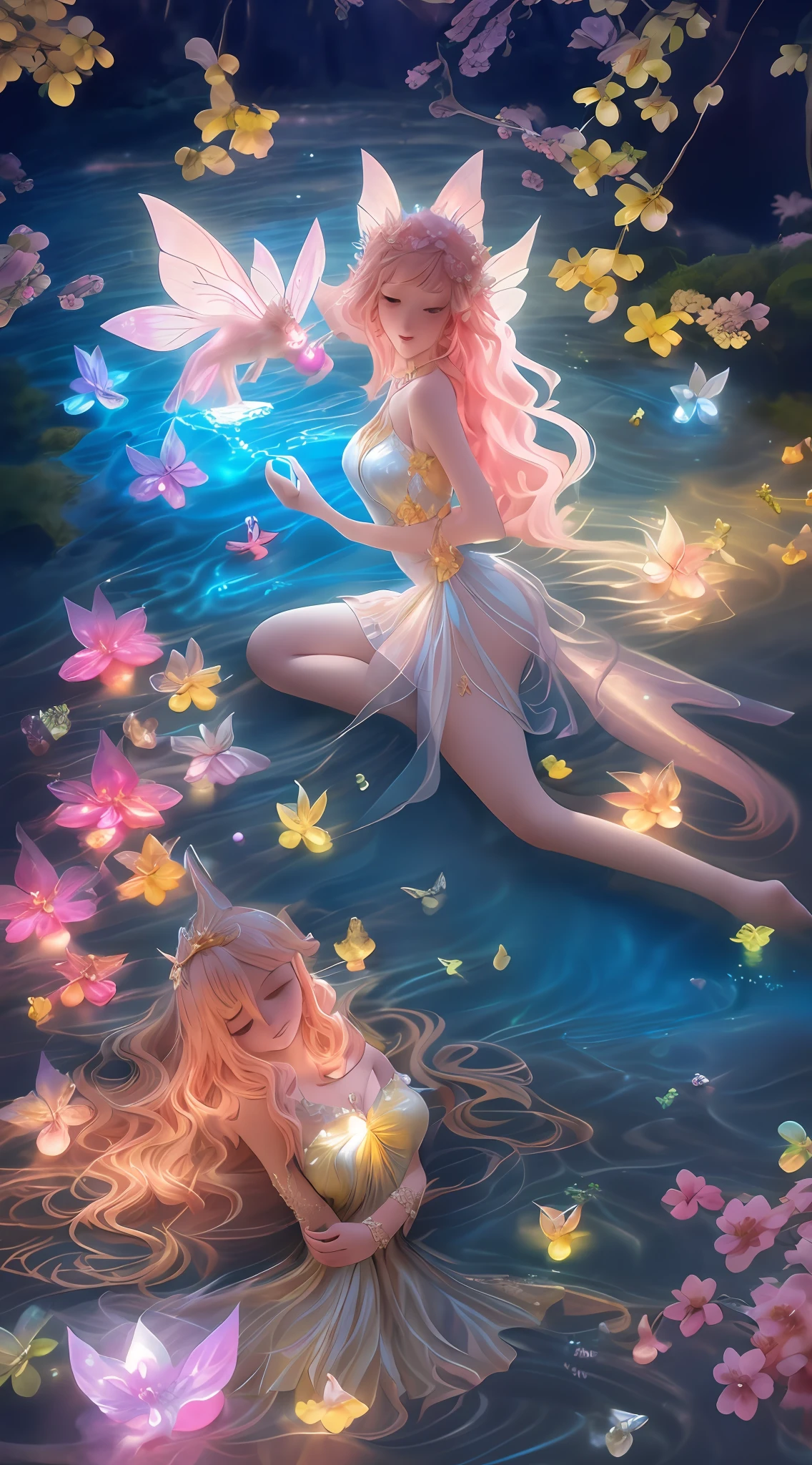 There is a woman in a yellow dress and a fairy flying in the sky, 2. 5 D CGI anime fantasy artwork, beautiful fairie, stunning 3d render of a fairy, Fantasy art style, faeries, fairy cgsociety, trending on cgstation, stuning fantasy 3 d render, beautiful fantasy anime, anime in fantasy style, Flying fairies, Anime fantasy illustration