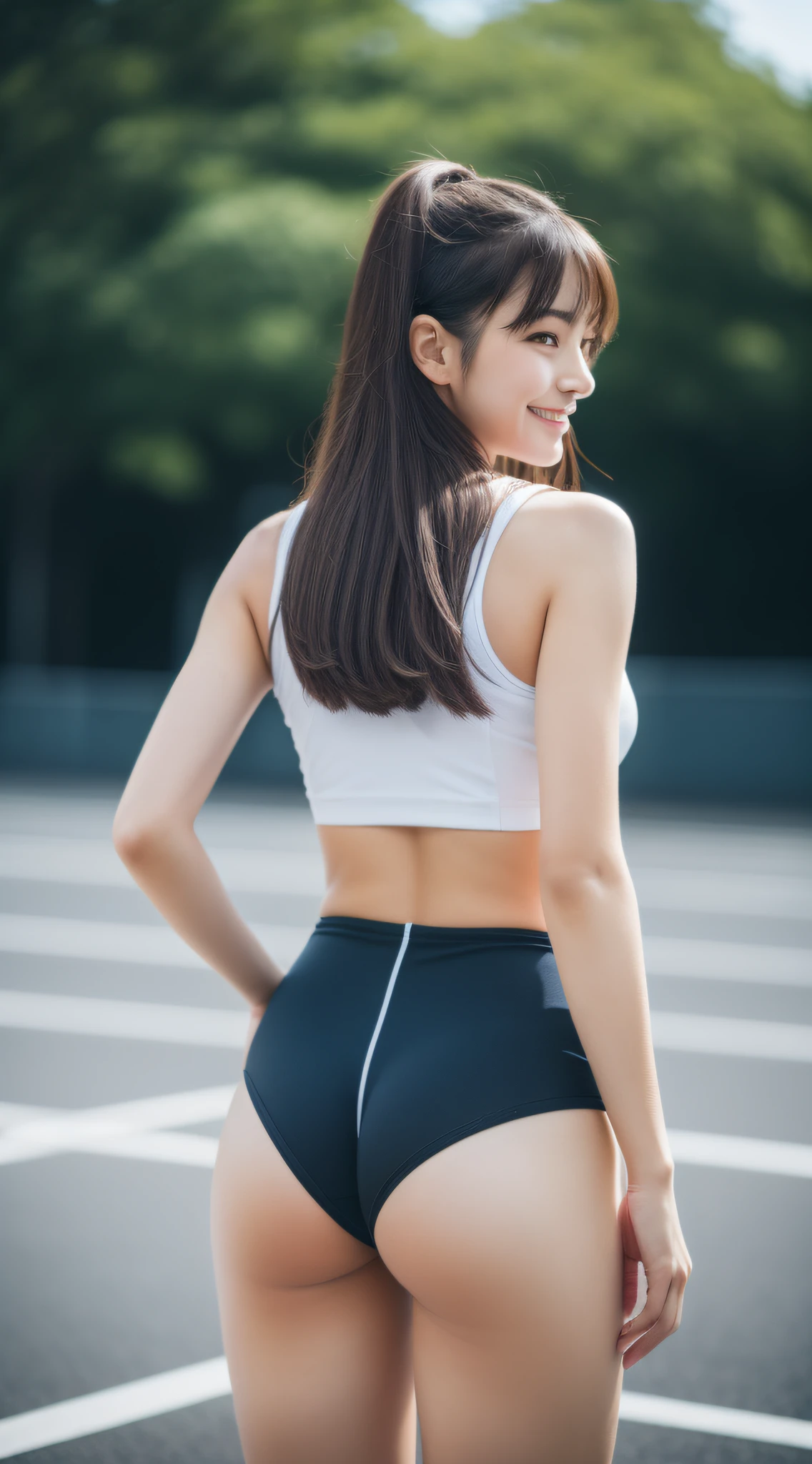 masutepiece, Best Quality, japanaese girl, 8K, Raw photo, top-notch quality, masutepiece, nffsw:1.2, exceptionally detailed RAW color photo, professional-grade photograph, (Realistic, Photorealistic:1.37), (highly detailedskin:1.2), Ultra-high resolution, (lenz 50mm), (masutepiece, top-quality:1.3), (2girls:1.4),(Smile:1.2),8K,RAW portraits of Japan girls,Photorealistic,超A high resolution,Best Quality, BREAK (from behind),(Short leggings:1.1),athlete,track and field uniform,(Sweat,Shiny skin:1.1)(Small breasts),(Well developed butt muscles:1.2),Athletics Stadium Demolition (Natural Skin Texture,Detailed skin, Hyper-Realism,ultra sharpness),Intricate details,depth of fields,Natural lighting、Korean Idol、Nogizaka Idol、hposing Gravure Idol、Adults、女優、cute little