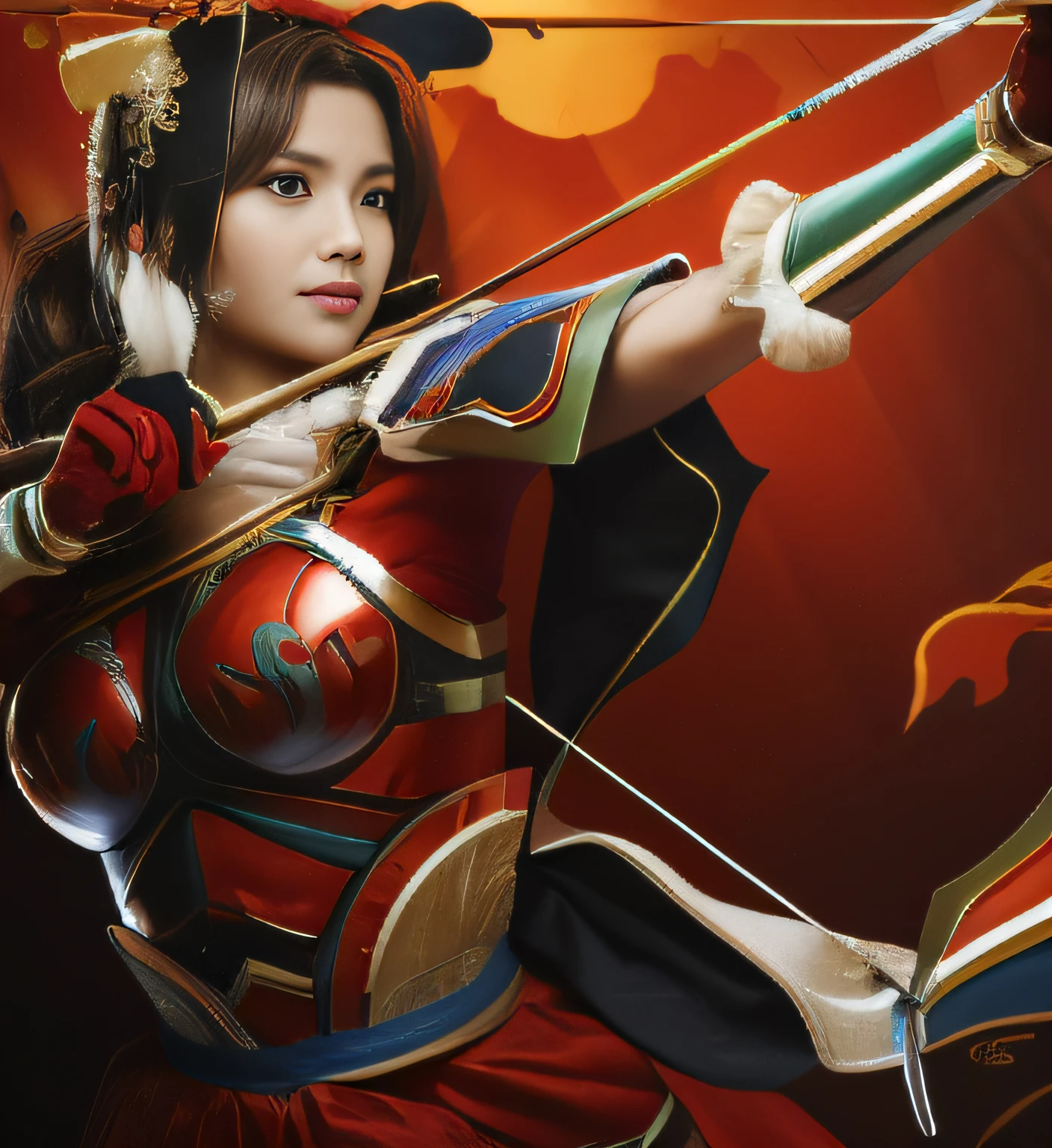 Close up portrait of woman holding bow and arrow,irate