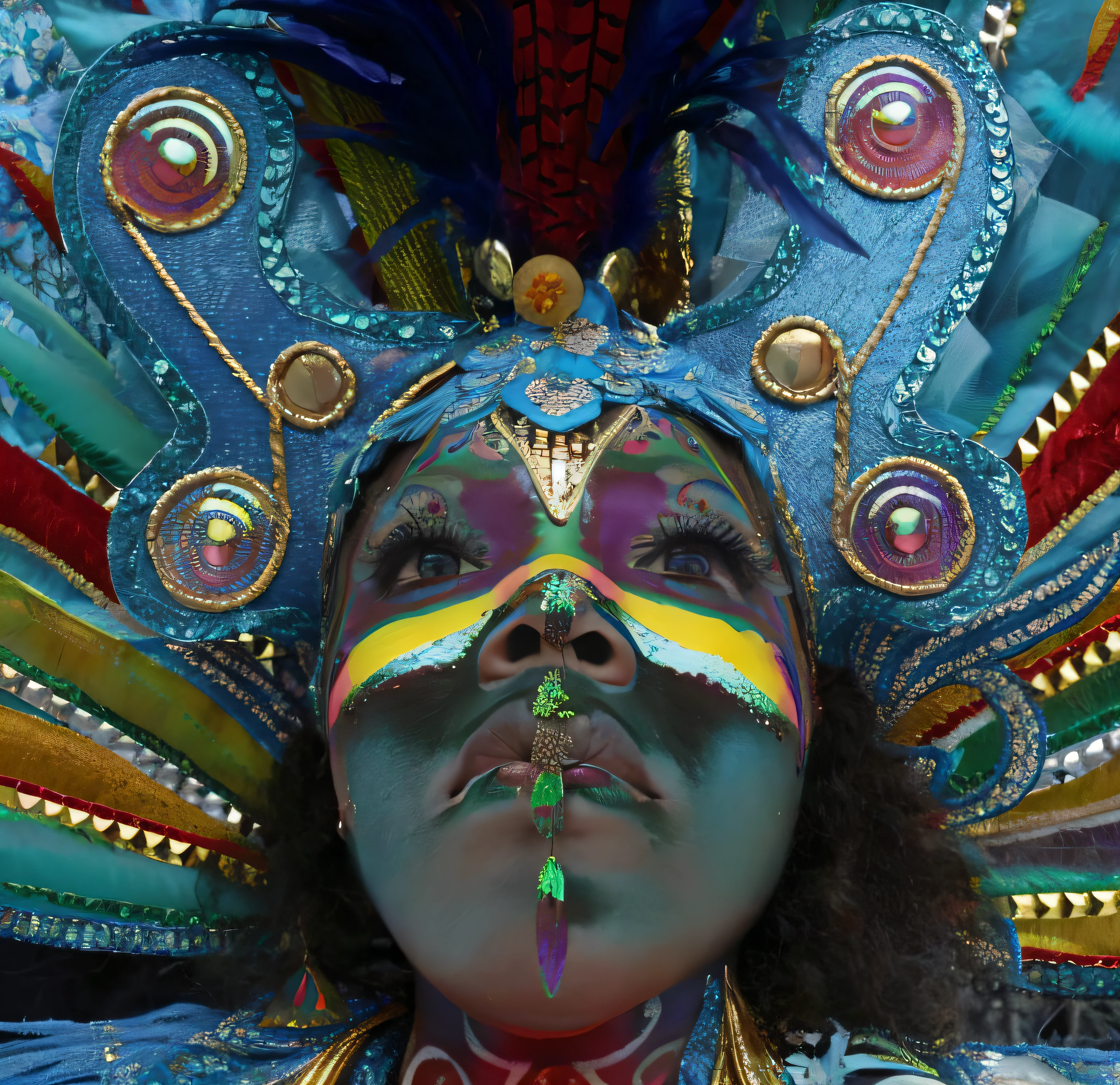 araffe dressed in a colorful costume with feathers and a face paint, elaborately costumed, elaborate costume, painted face, carnival, ornate mask and fabrics, fantastic details full face, curiosities carnival, symmetrical painted face, yoruba body paint, turquoise blue face, carnival mask, brazil carnival, gorgeous and huge head ornaments, carneval