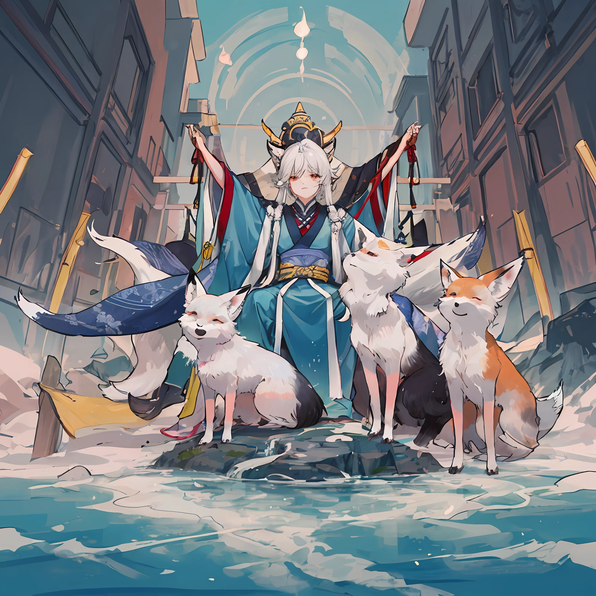 master part, Pintura soberba, (pintura a tinta chinesa), (illustration), (1 homem), ((Huge white fox demon behind you)), raposa, Classic of the Mountains and Seas, Chinese style, (ancient chinese means), (Estilo Russ Mills), (Cabelos Longos), (white messy hair), (pele branca), (olheiras), (orelhas de raposa), Pescador, (Pelo branco), Dinastia Tang, verde, Hiroshi Yoshida, (Close-up), (fundo da planta), (Chiaroscuro), detalhe fino do rosto, detalhe do rosto, Cinematic lighting, (profundidade de campo), UHD, ( corpo todo)
