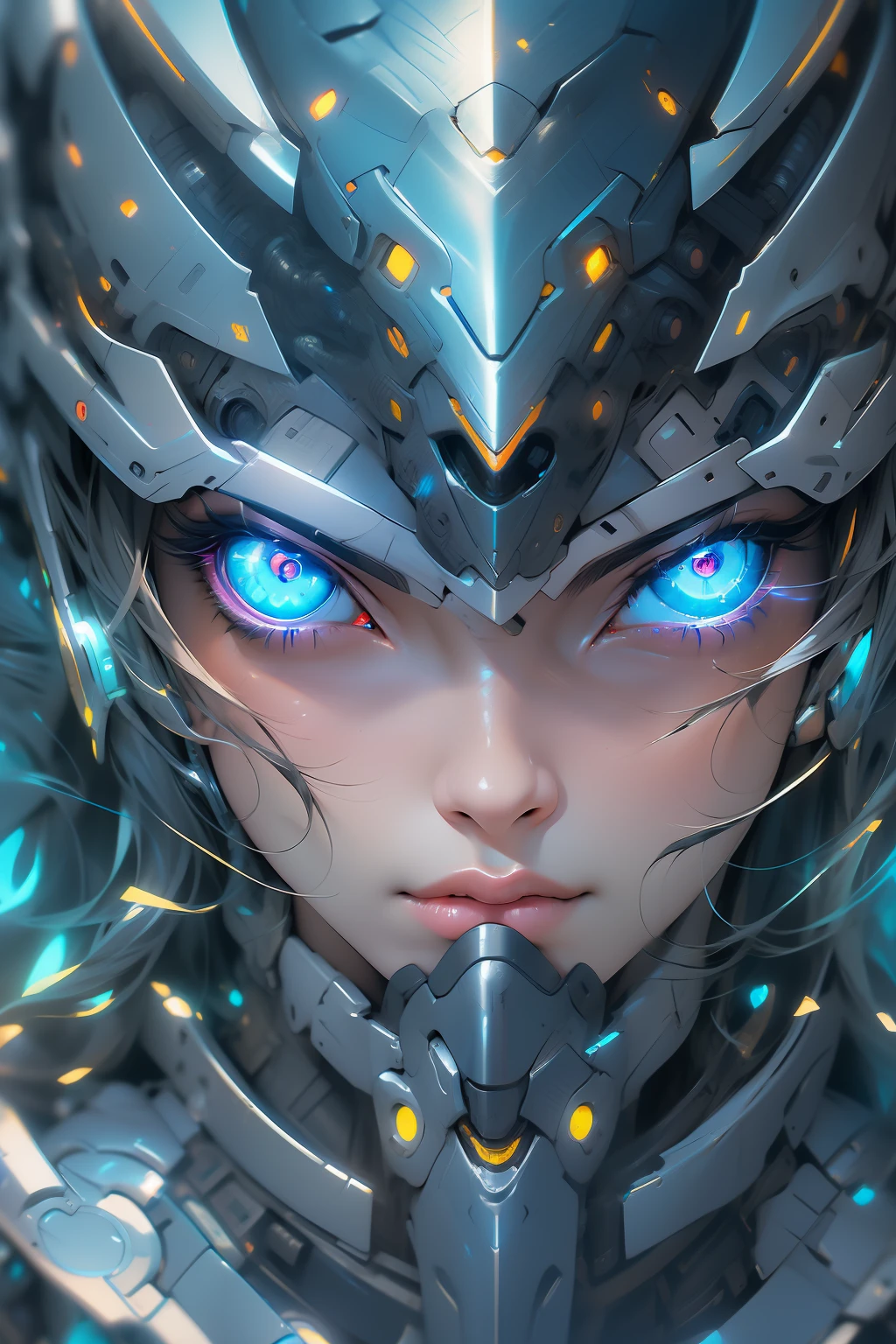 (masterpiece), (best quality), 1girl, cyborg girl, female warrior battle field, portrait, close-up shot, (blue glowing eyes), cyborg armor