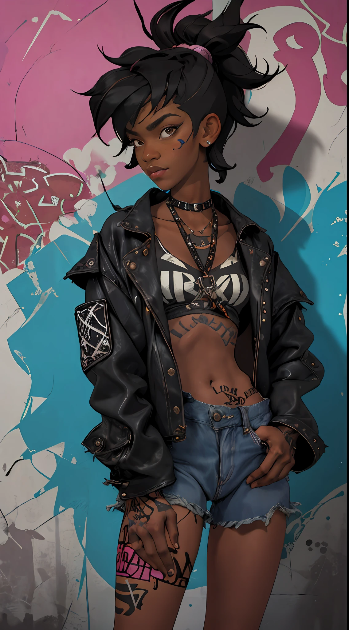 1girl, in bathroom, punk style, mullet-cut, ebony skin, awesome character, Graffiti background