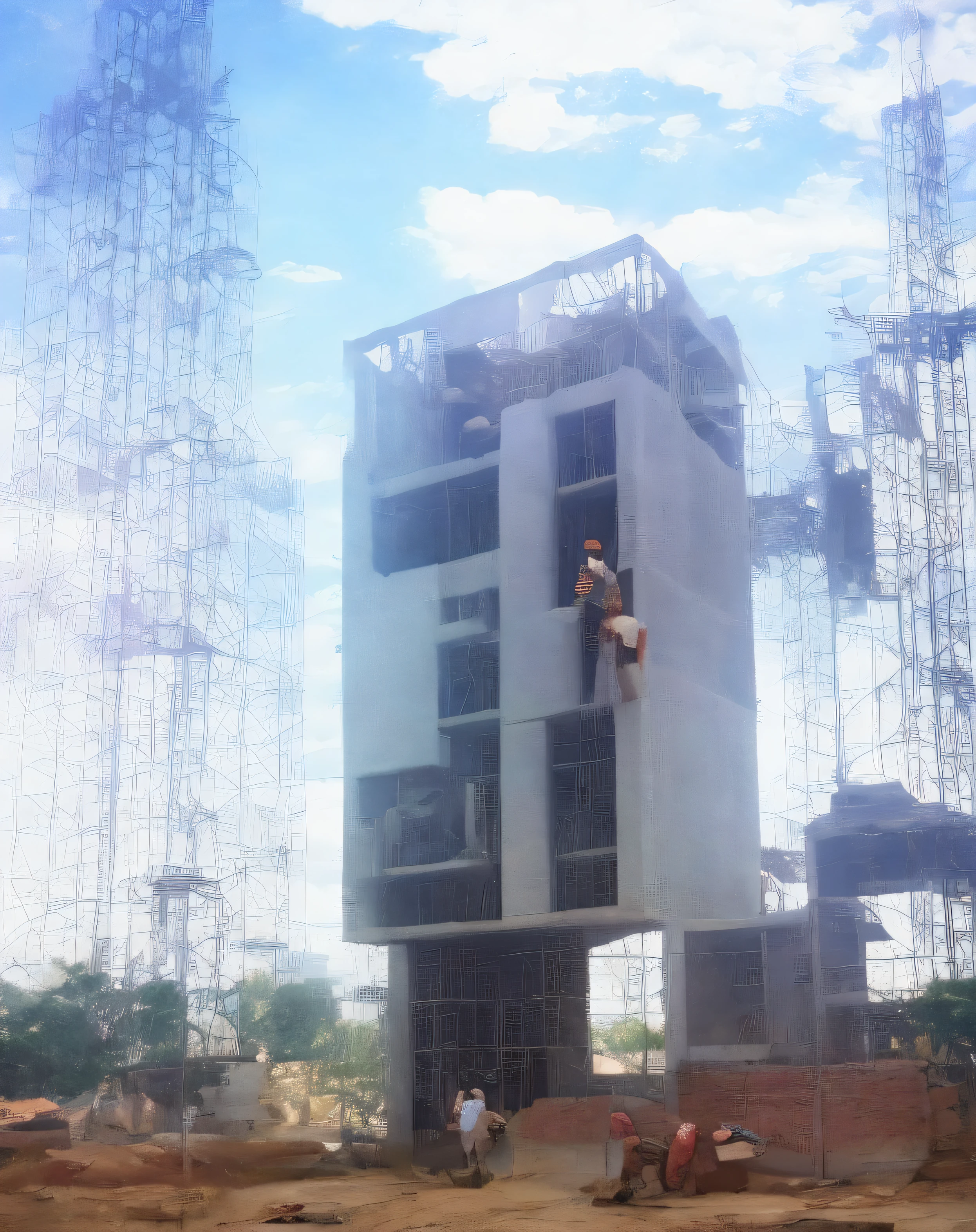 house under construction, brick and concrete wall, realistic builder, gradient,street, tree best quality, construction workers are working on a house under construction, more worker, realistic worker