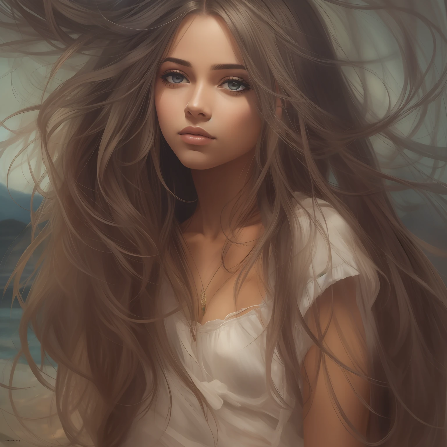 pintura de uma mulher sentada na grama com cabelos longos, menina de cabelo comprido, longos cabelos louros, sentada perto de um rio