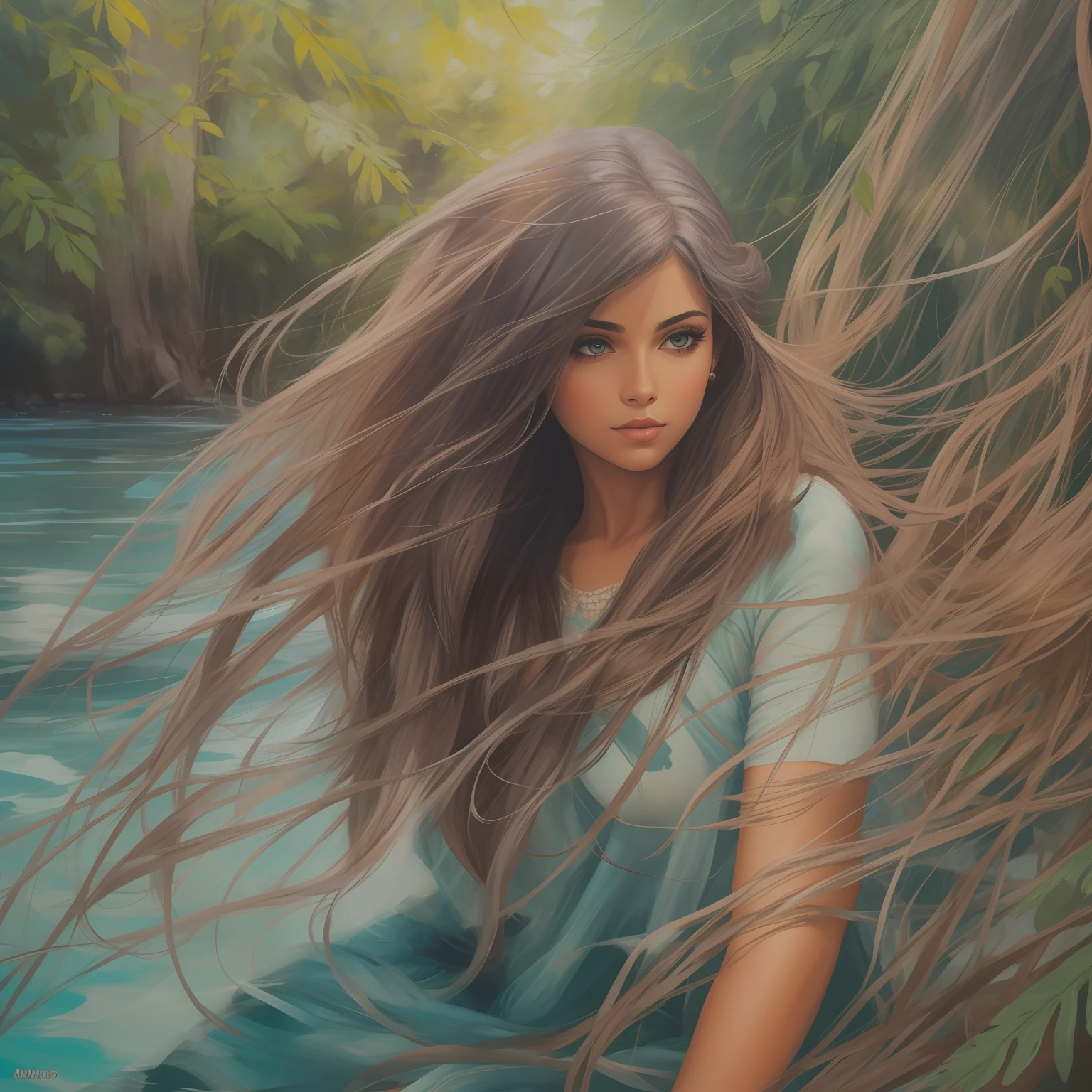 pintura de uma mulher sentada na grama com cabelos longos, de cabelo comprido, longos cabelos louros, sentada perto de um rio