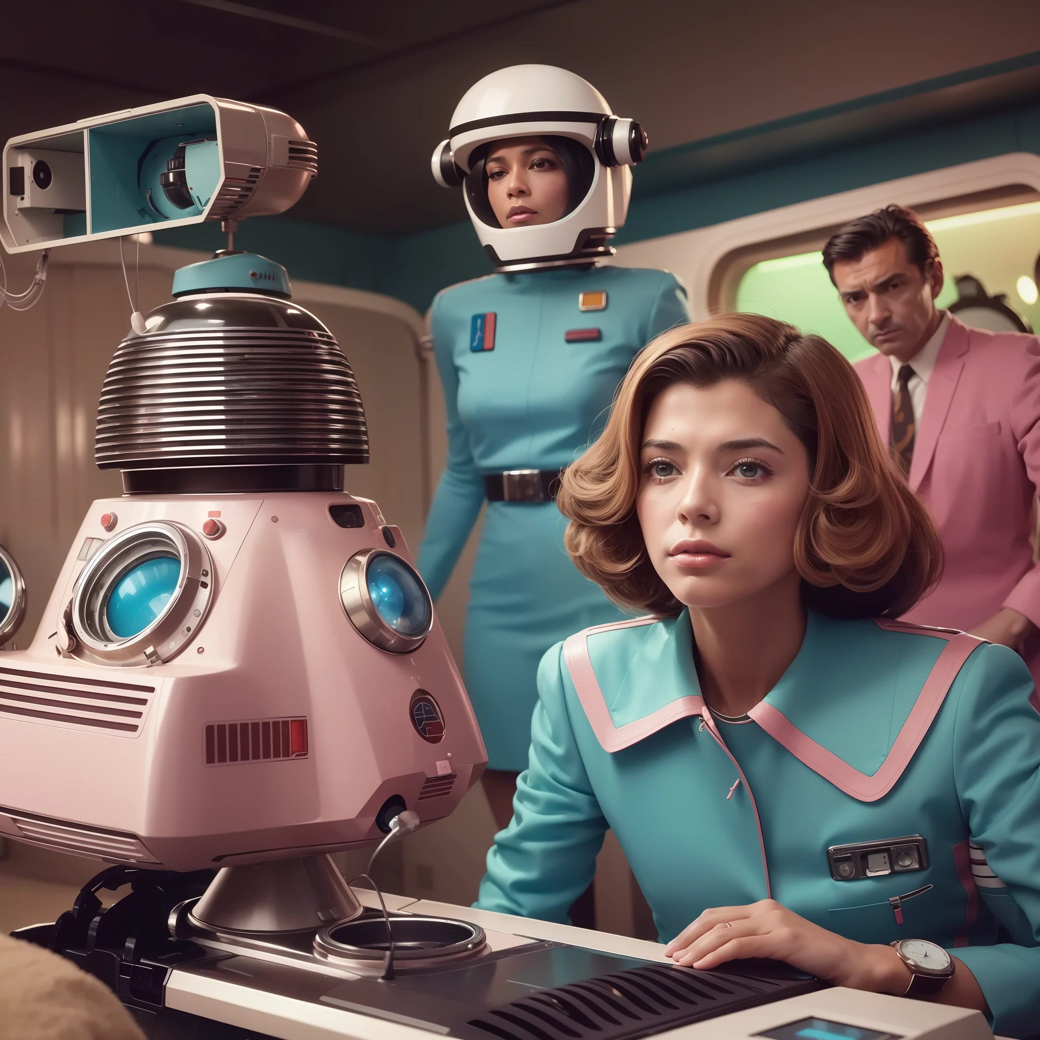 4k image from a 1970s science fiction film, imagem real, Estilo Wes Anderson, pastels colors, a man between two women wearing retro-futuristic fashion clothes and futuristic technological ornaments and devices, Luz Natural, cinemactic, Psicodelia, futurista estranho, retro-futurista,